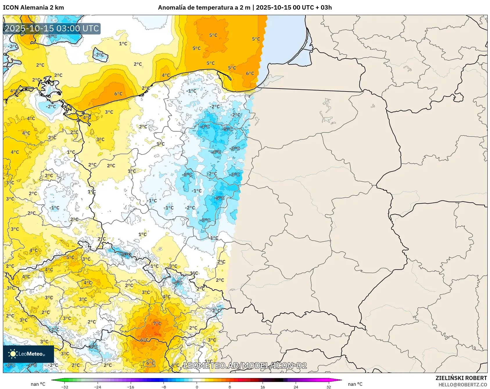 ICON Alemania 2 km model - Polonia, Anomalía de temperatura a 2 m ICON Alemania 2 km model - Polonia, Anomalía de temperatura a 2 m