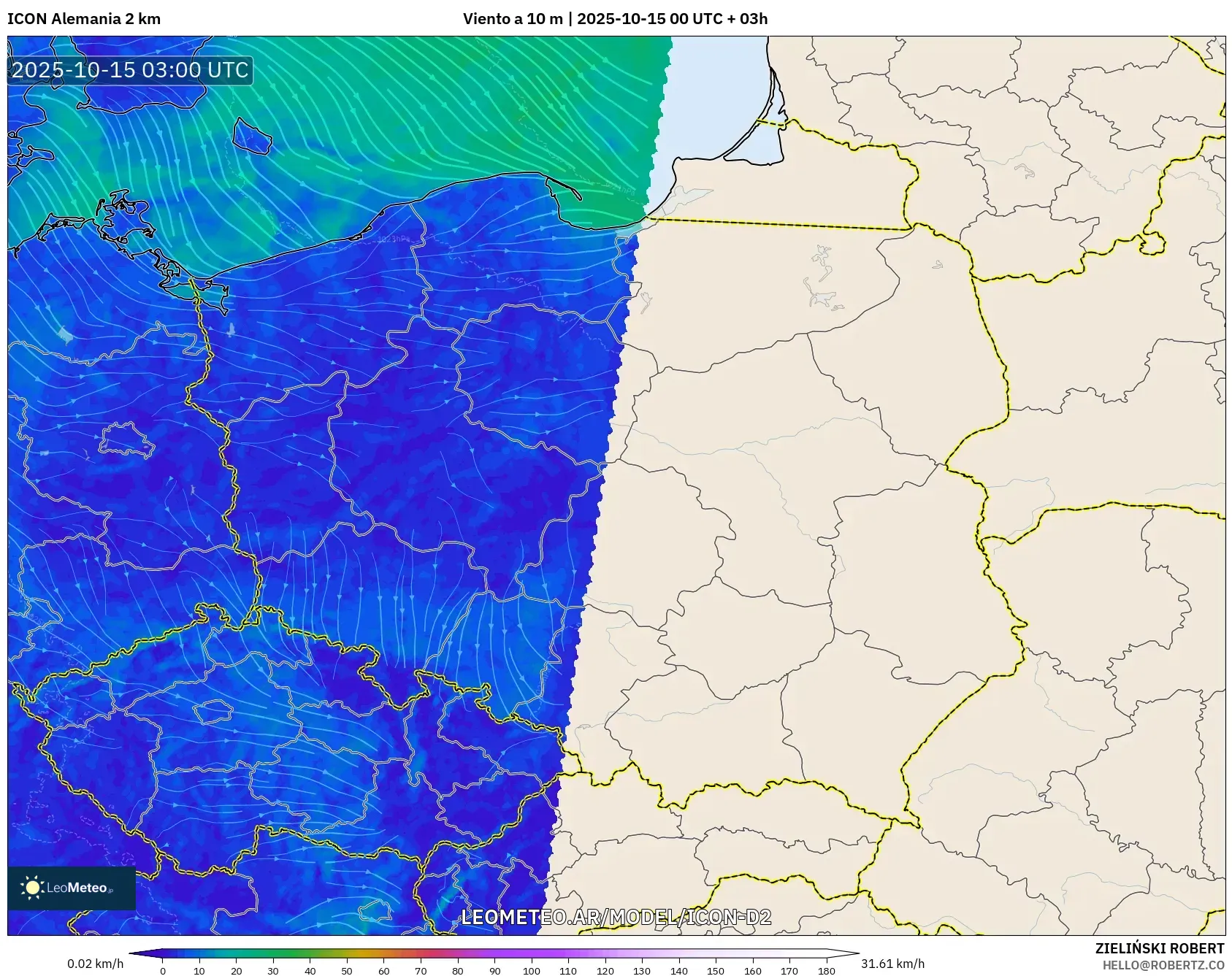 ICON Alemania 2 km model - Polonia, Viento a 10 m ICON Alemania 2 km model - Polonia, Viento a 10 m