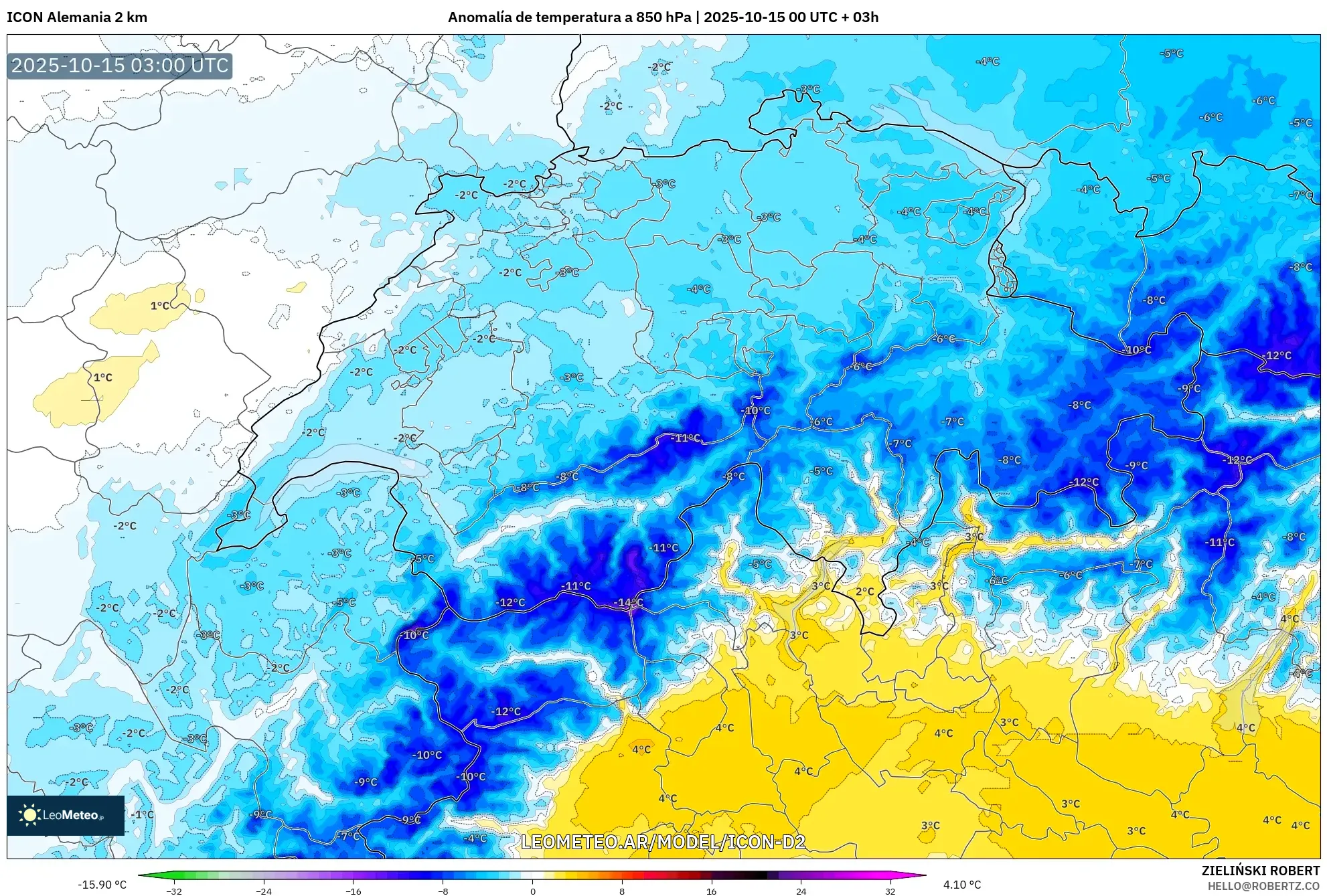 ICON Alemania 2 km model - Suiza, Anomalía de temperatura a 850 hPa ICON Alemania 2 km model - Suiza, Anomalía de temperatura a 850 hPa