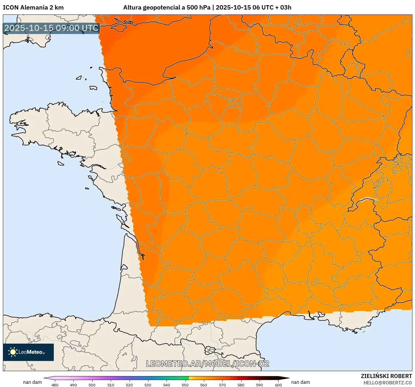 ICON Alemania 2 km model - Francia, Altura geopotencial a 500 hPa ICON Alemania 2 km model - Francia, Altura geopotencial a 500 hPa