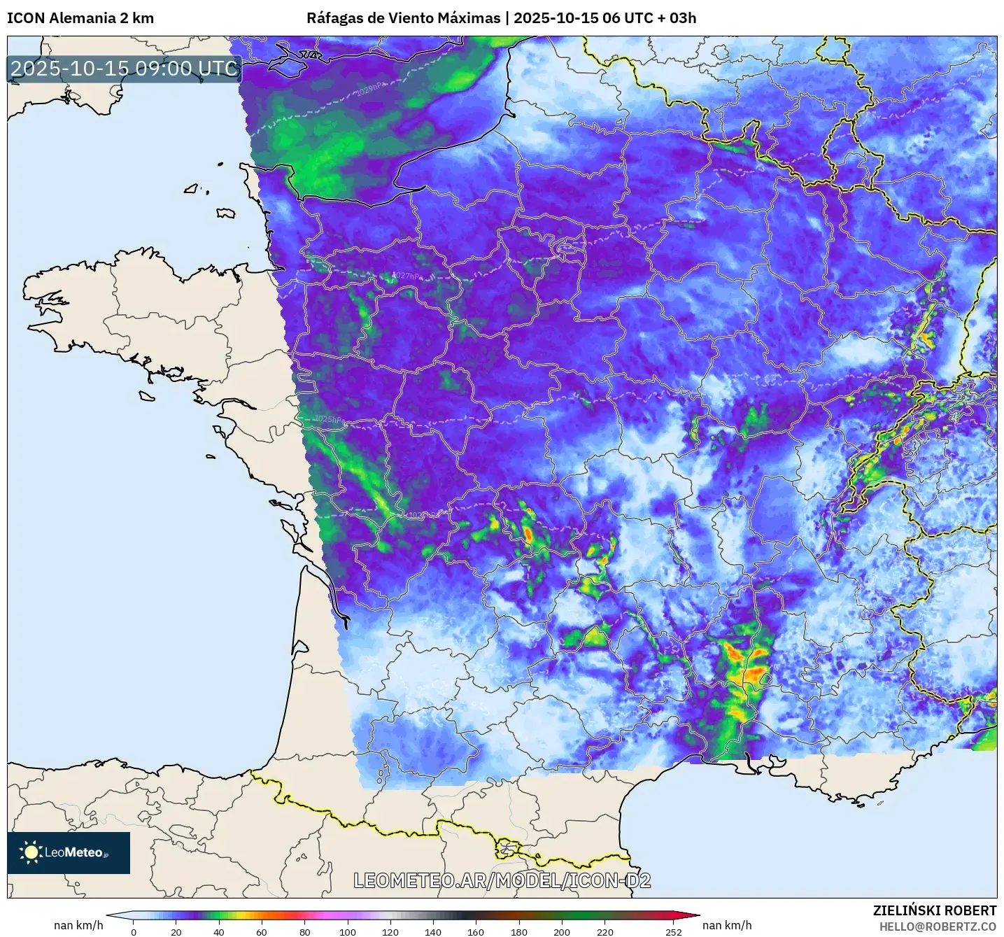 ICON Alemania 2 km model - Francia, Ráfagas de Viento Máximas ICON Alemania 2 km model - Francia, Ráfagas de Viento Máximas