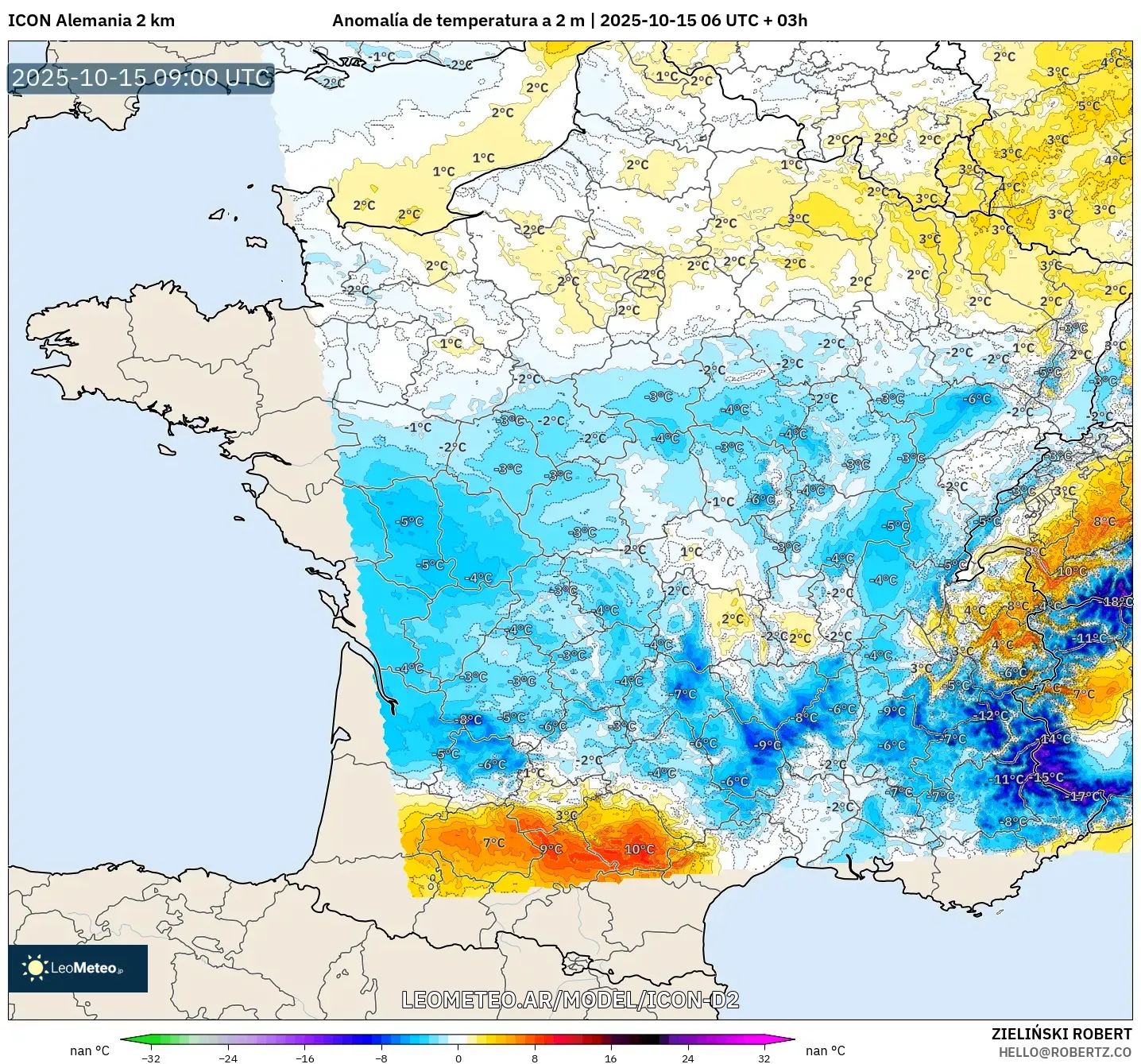 ICON Alemania 2 km model - Francia, Anomalía de temperatura a 2 m