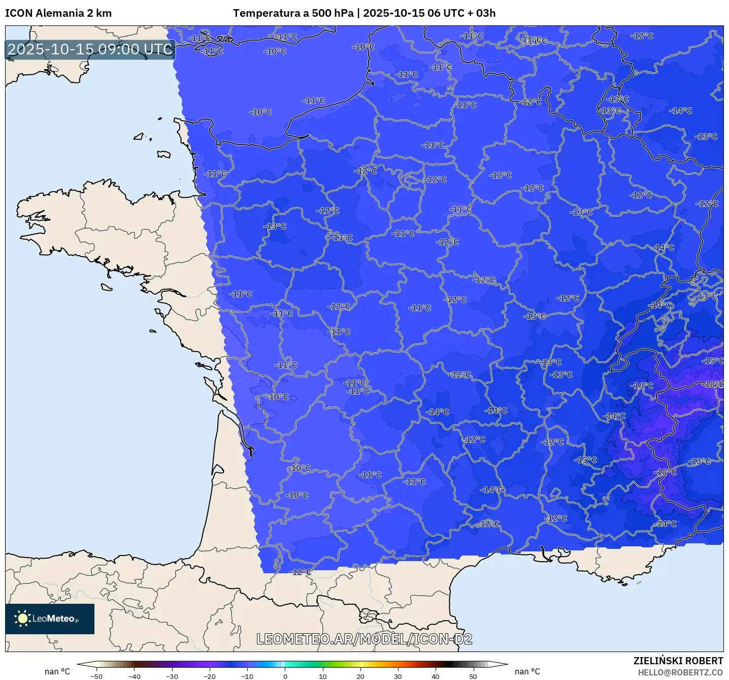 ICON Alemania 2 km model - Francia, Temperatura a 500 hPa ICON Alemania 2 km model - Francia, Temperatura a 500 hPa
