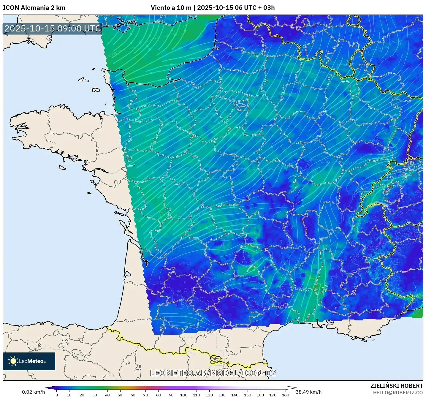 ICON Alemania 2 km model - Francia, Viento a 10 m ICON Alemania 2 km model - Francia, Viento a 10 m