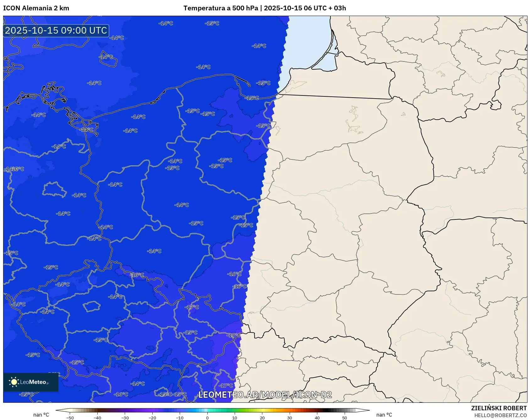 ICON Alemania 2 km model - Polonia, Temperatura a 500 hPa ICON Alemania 2 km model - Polonia, Temperatura a 500 hPa