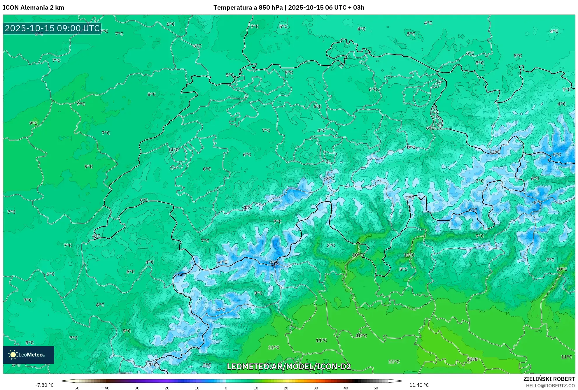 ICON Alemania 2 km model - Suiza, Temperatura a 850 hPa ICON Alemania 2 km model - Suiza, Temperatura a 850 hPa