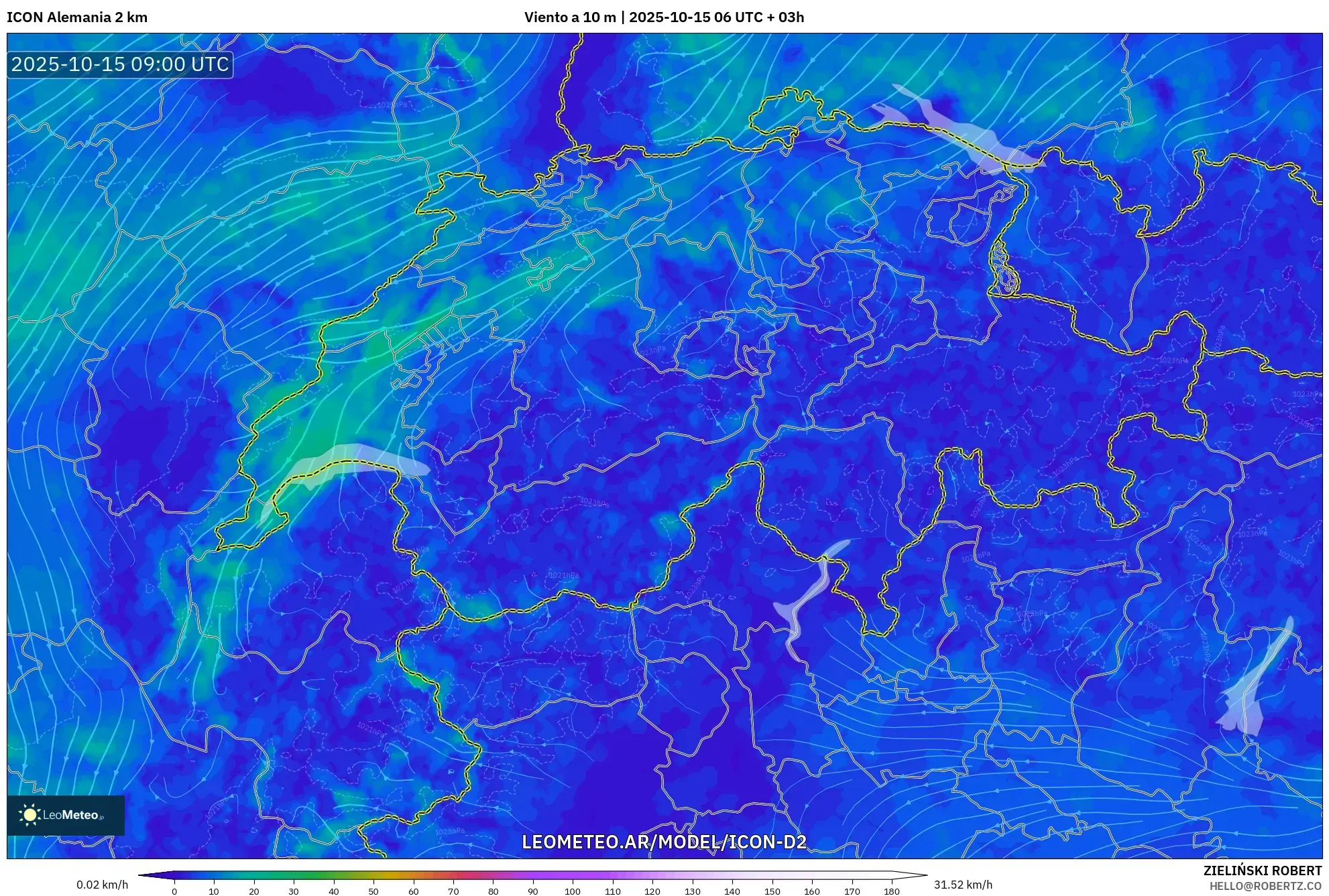 ICON Alemania 2 km model - Suiza, Viento a 10 m ICON Alemania 2 km model - Suiza, Viento a 10 m