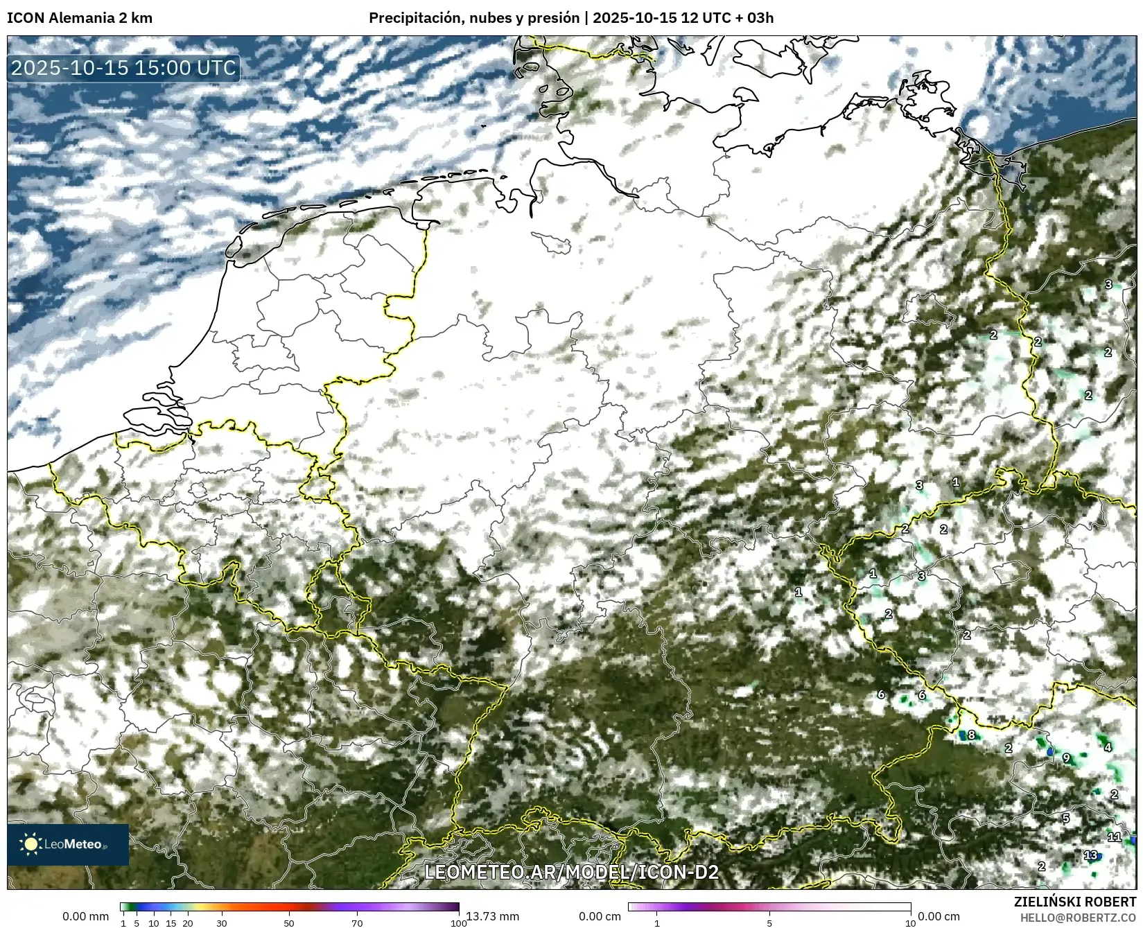 ICON Alemania 2 km model - Alemania, Precipitación, nubes y presión ICON Alemania 2 km model - Alemania, Precipitación, nubes y presión