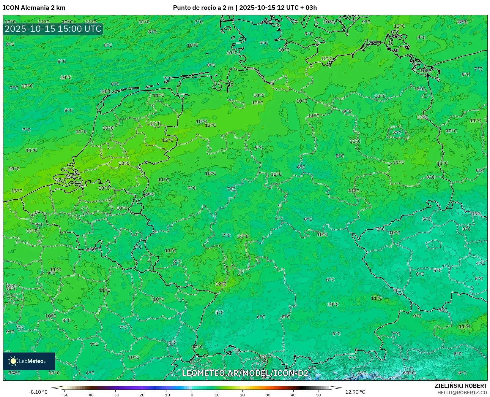 ICON Alemania 2 km model - Alemania, Punto de rocío a 2 m ICON Alemania 2 km model - Alemania, Punto de rocío a 2 m