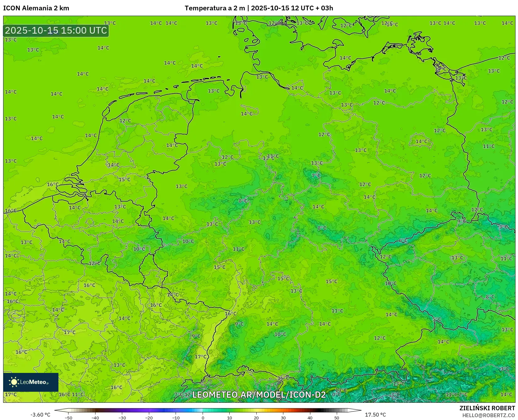 ICON Alemania 2 km model - Alemania, Temperatura a 2 m ICON Alemania 2 km model - Alemania, Temperatura a 2 m