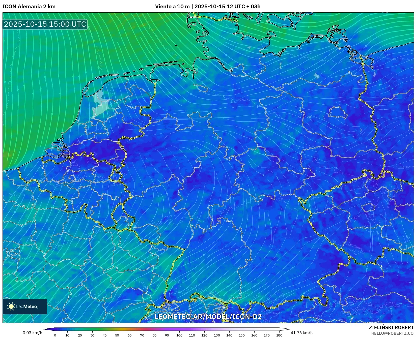ICON Alemania 2 km model - Alemania, Viento a 10 m ICON Alemania 2 km model - Alemania, Viento a 10 m