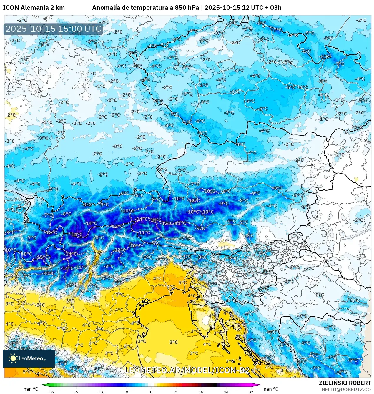 ICON Alemania 2 km model - Austria, Anomalía de temperatura a 850 hPa ICON Alemania 2 km model - Austria, Anomalía de temperatura a 850 hPa