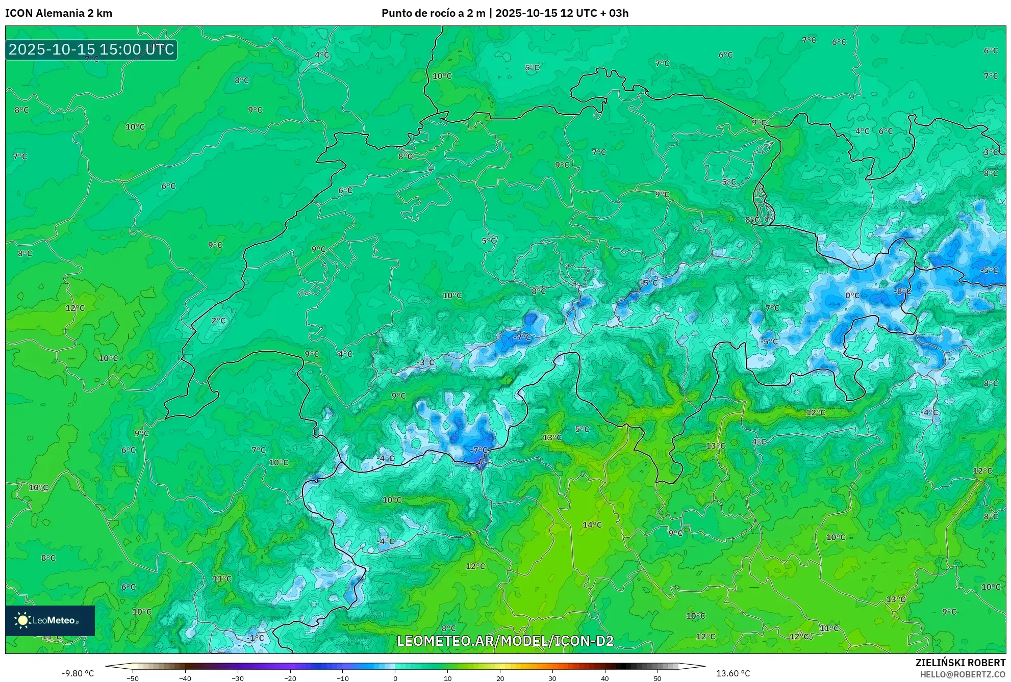 ICON Alemania 2 km model - Suiza, Punto de rocío a 2 m ICON Alemania 2 km model - Suiza, Punto de rocío a 2 m