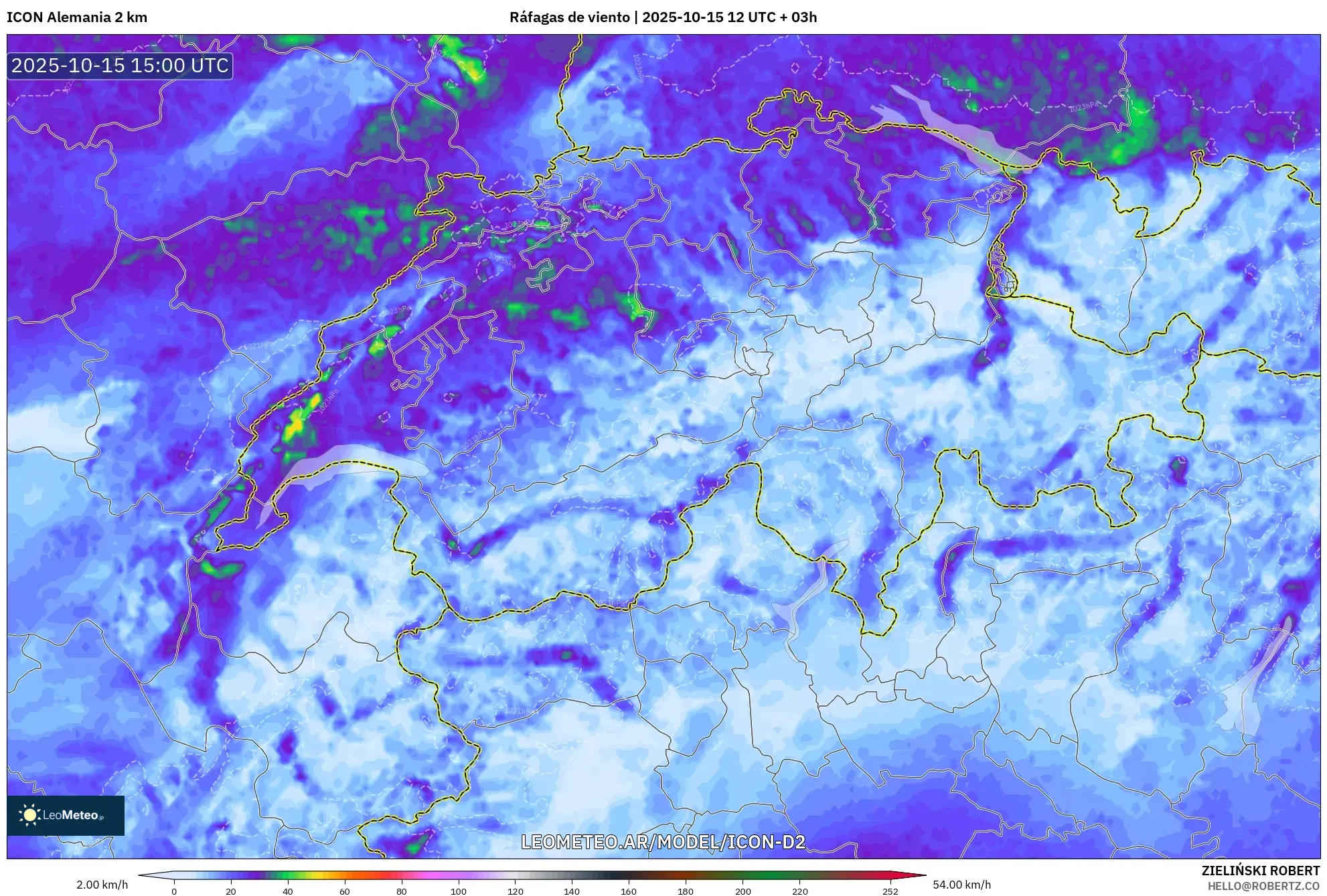 ICON Alemania 2 km model - Suiza, Ráfagas de viento ICON Alemania 2 km model - Suiza, Ráfagas de viento