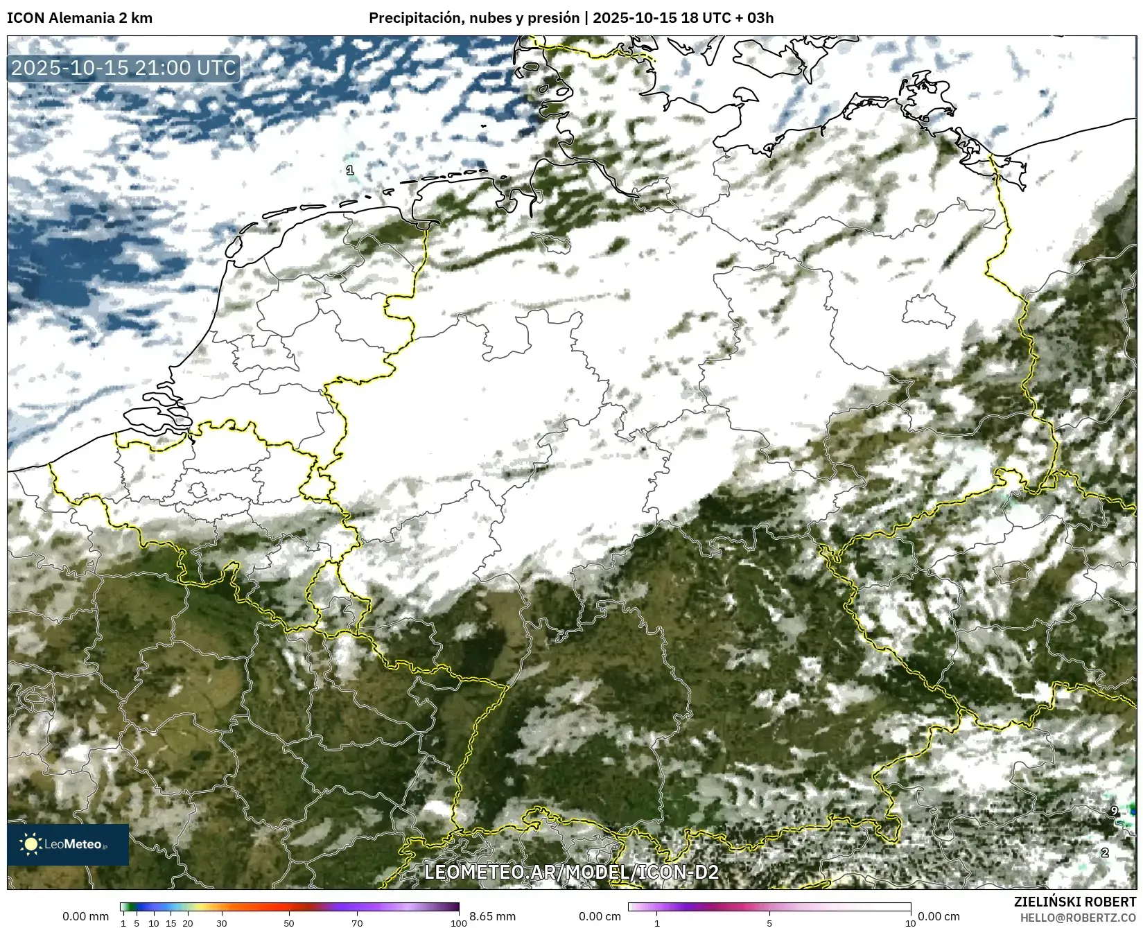 ICON Alemania 2 km model - Alemania, Precipitación, nubes y presión ICON Alemania 2 km model - Alemania, Precipitación, nubes y presión