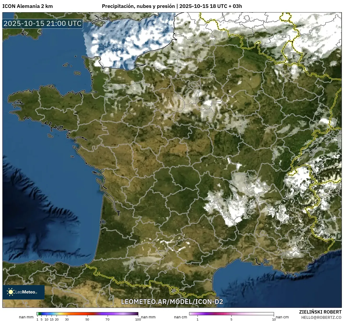 ICON Alemania 2 km model - Francia, Precipitación, nubes y presión ICON Alemania 2 km model - Francia, Precipitación, nubes y presión