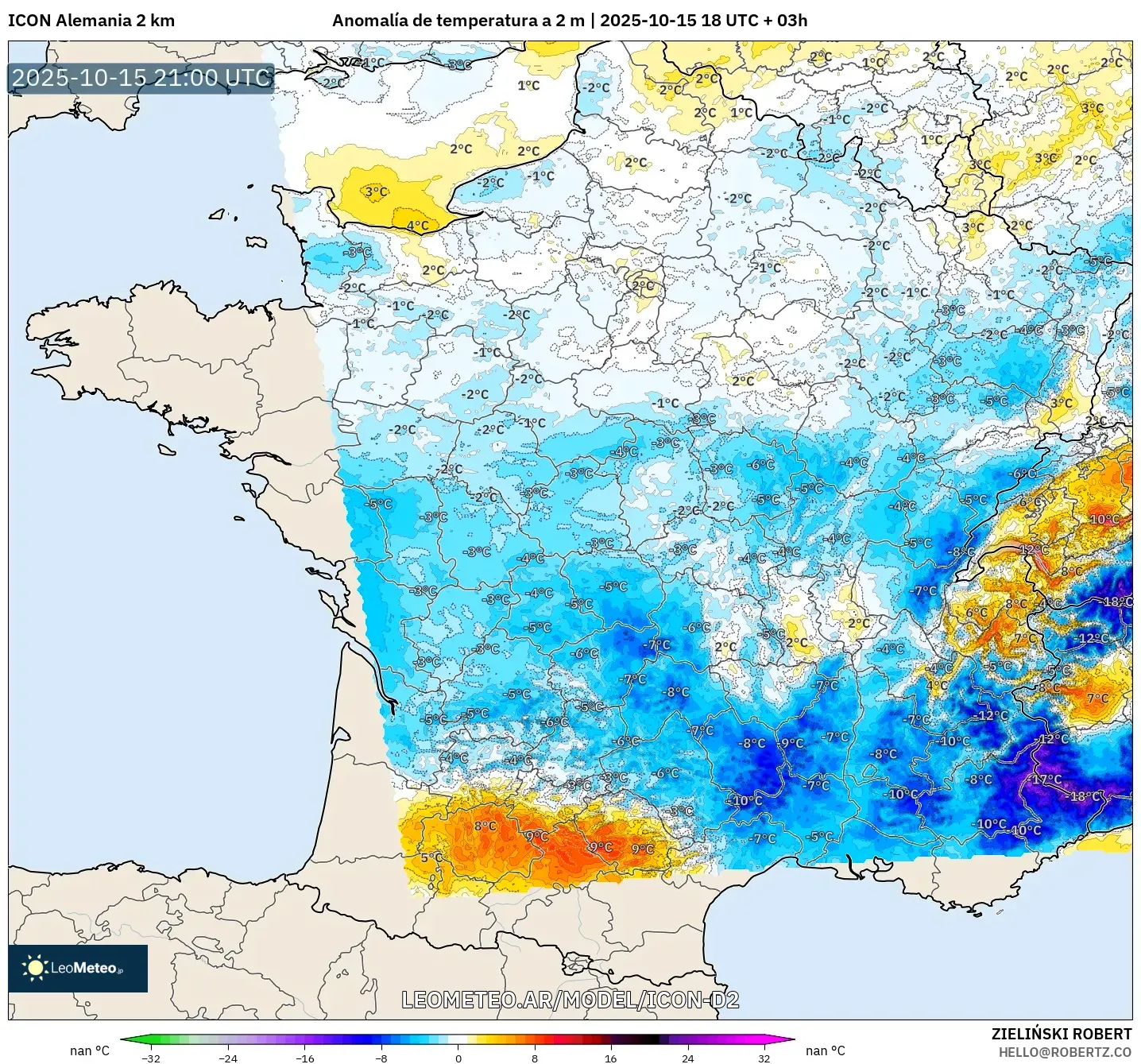 ICON Alemania 2 km model - Francia, Anomalía de temperatura a 2 m ICON Alemania 2 km model - Francia, Anomalía de temperatura a 2 m