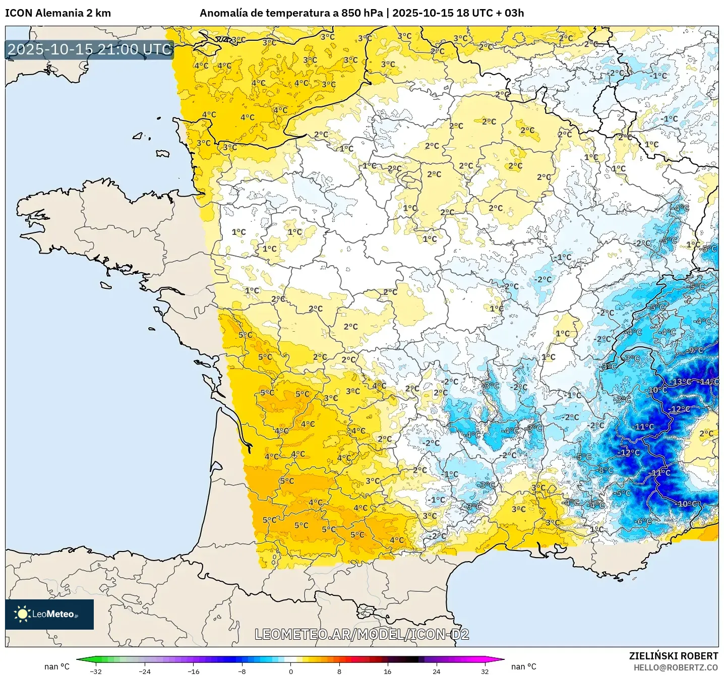 ICON Alemania 2 km model - Francia, Anomalía de temperatura a 850 hPa ICON Alemania 2 km model - Francia, Anomalía de temperatura a 850 hPa
