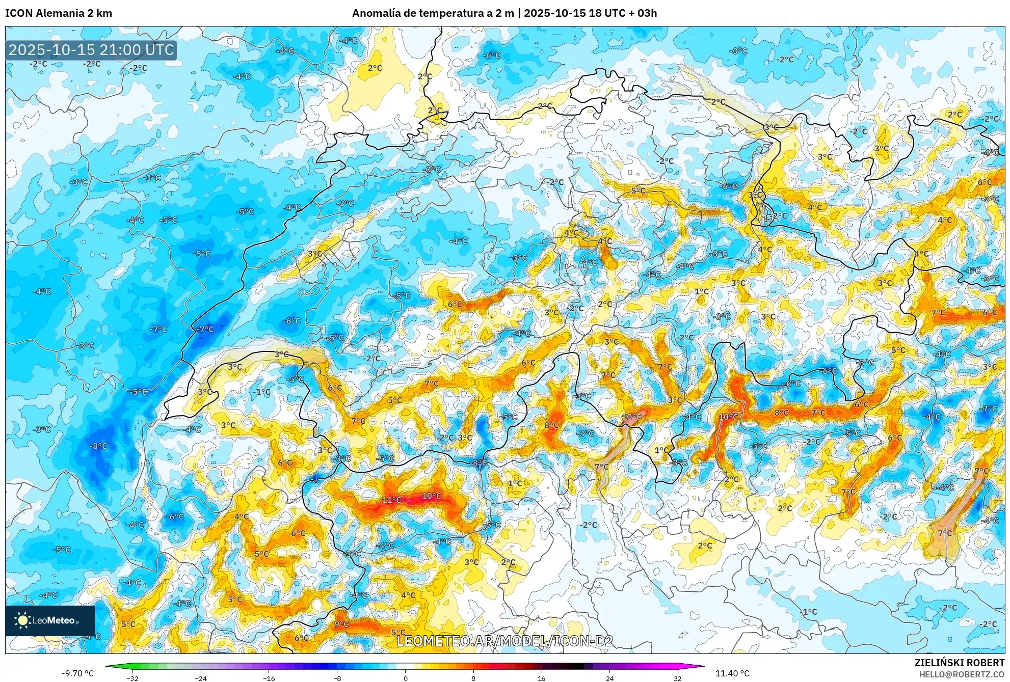 ICON Alemania 2 km model - Suiza, Anomalía de temperatura a 2 m ICON Alemania 2 km model - Suiza, Anomalía de temperatura a 2 m