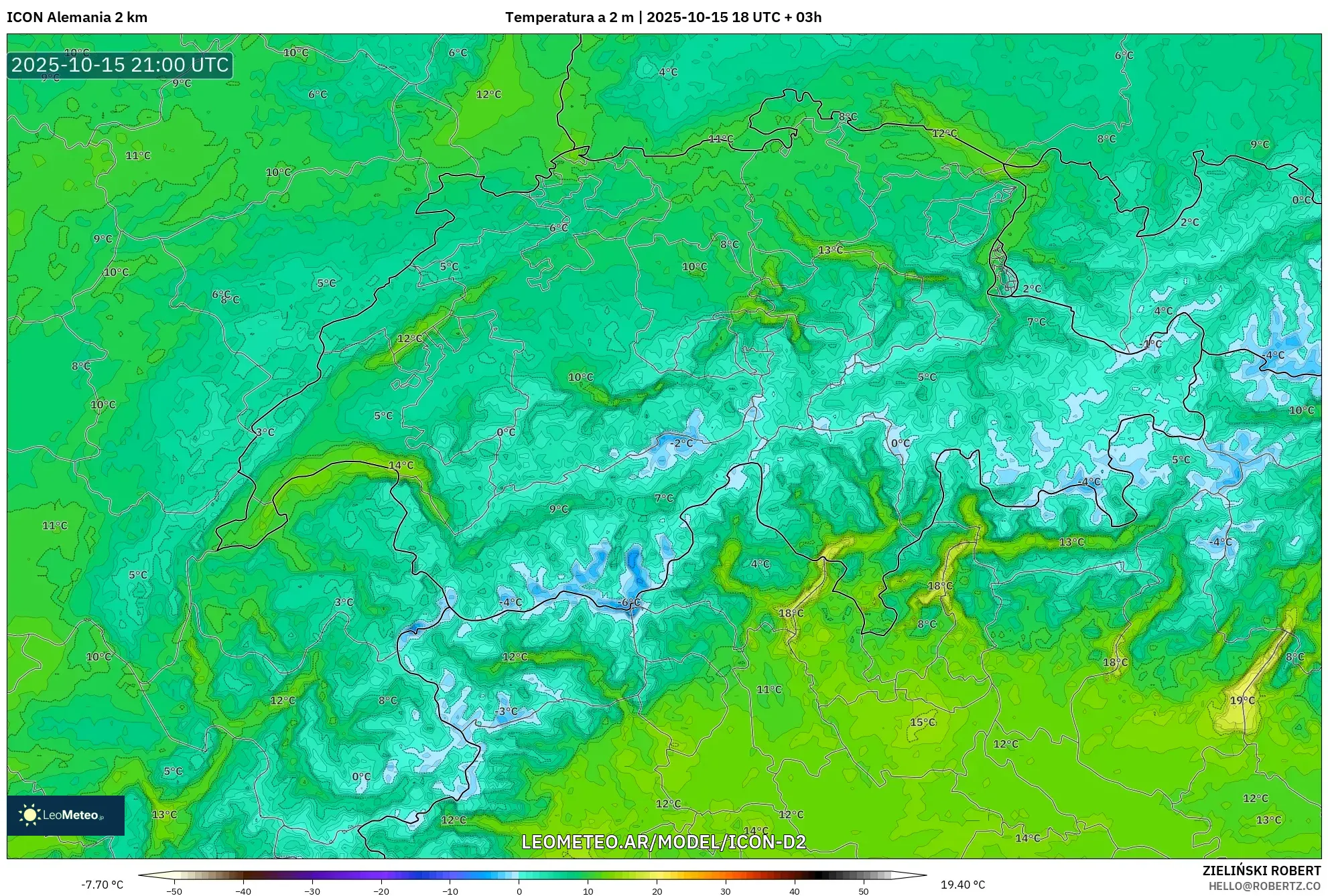 ICON Alemania 2 km model - Suiza, Temperatura a 2 m ICON Alemania 2 km model - Suiza, Temperatura a 2 m
