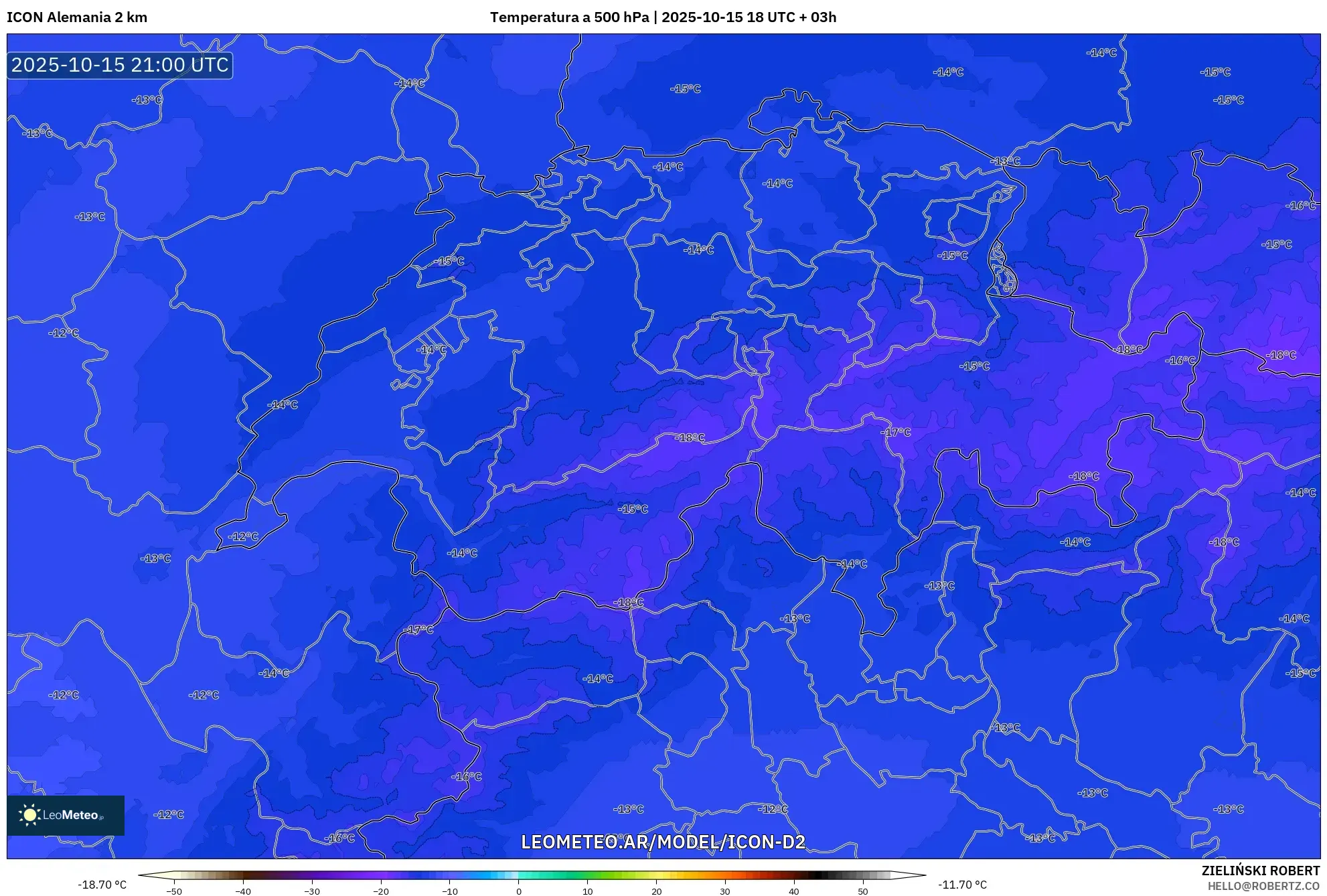 ICON Alemania 2 km model - Suiza, Temperatura a 500 hPa ICON Alemania 2 km model - Suiza, Temperatura a 500 hPa