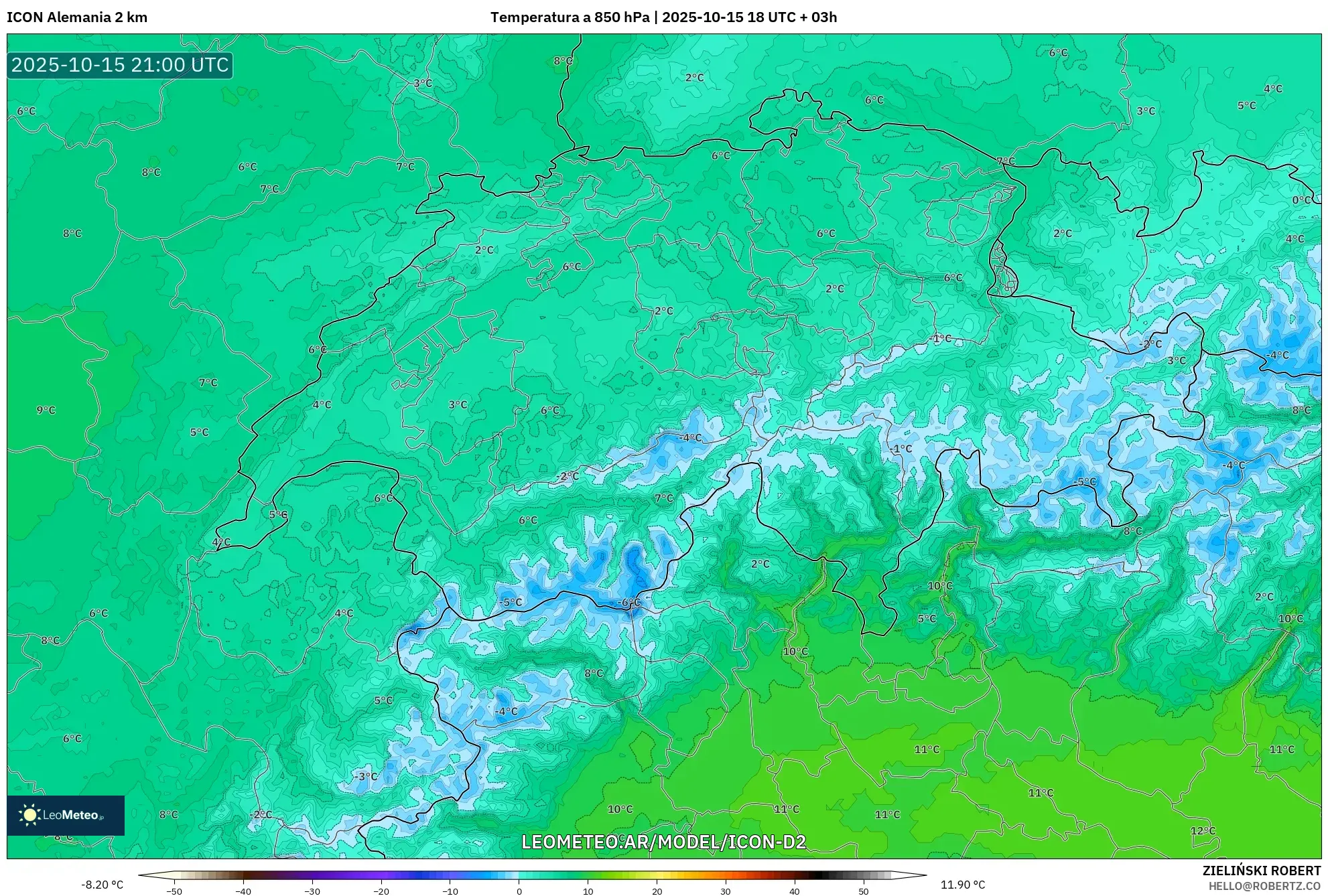 ICON Alemania 2 km model - Suiza, Temperatura a 850 hPa ICON Alemania 2 km model - Suiza, Temperatura a 850 hPa