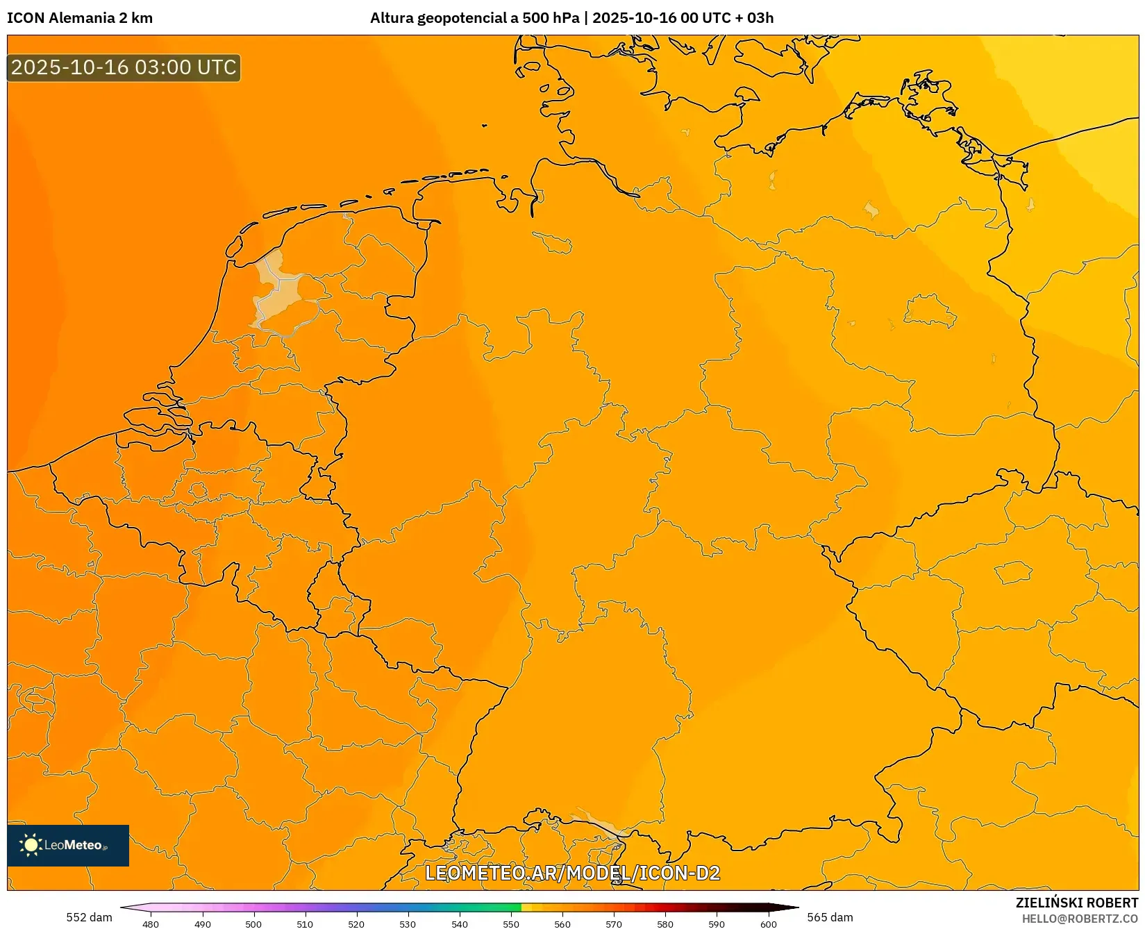 ICON Alemania 2 km model - Alemania, Altura geopotencial a 500 hPa ICON Alemania 2 km model - Alemania, Altura geopotencial a 500 hPa