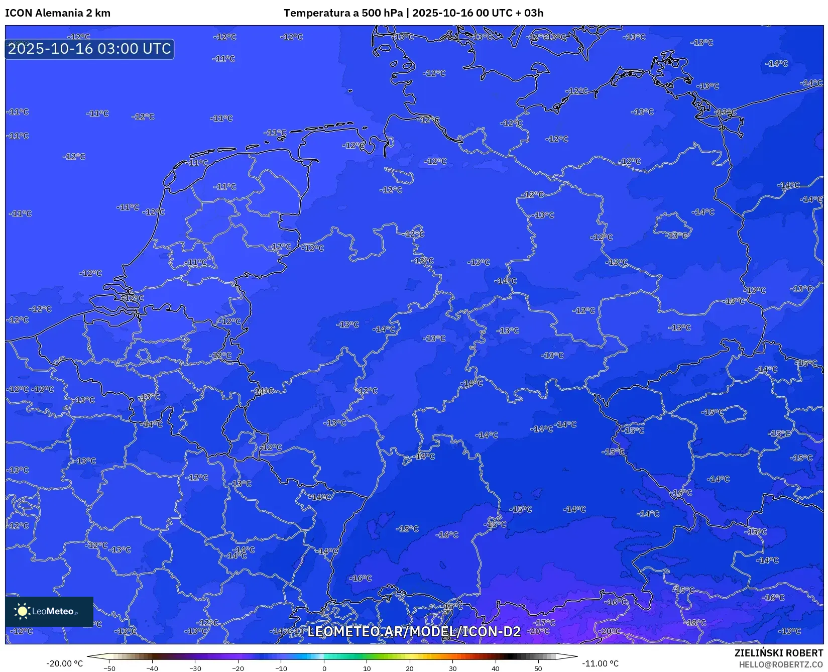 ICON Alemania 2 km model - Alemania, Temperatura a 500 hPa ICON Alemania 2 km model - Alemania, Temperatura a 500 hPa