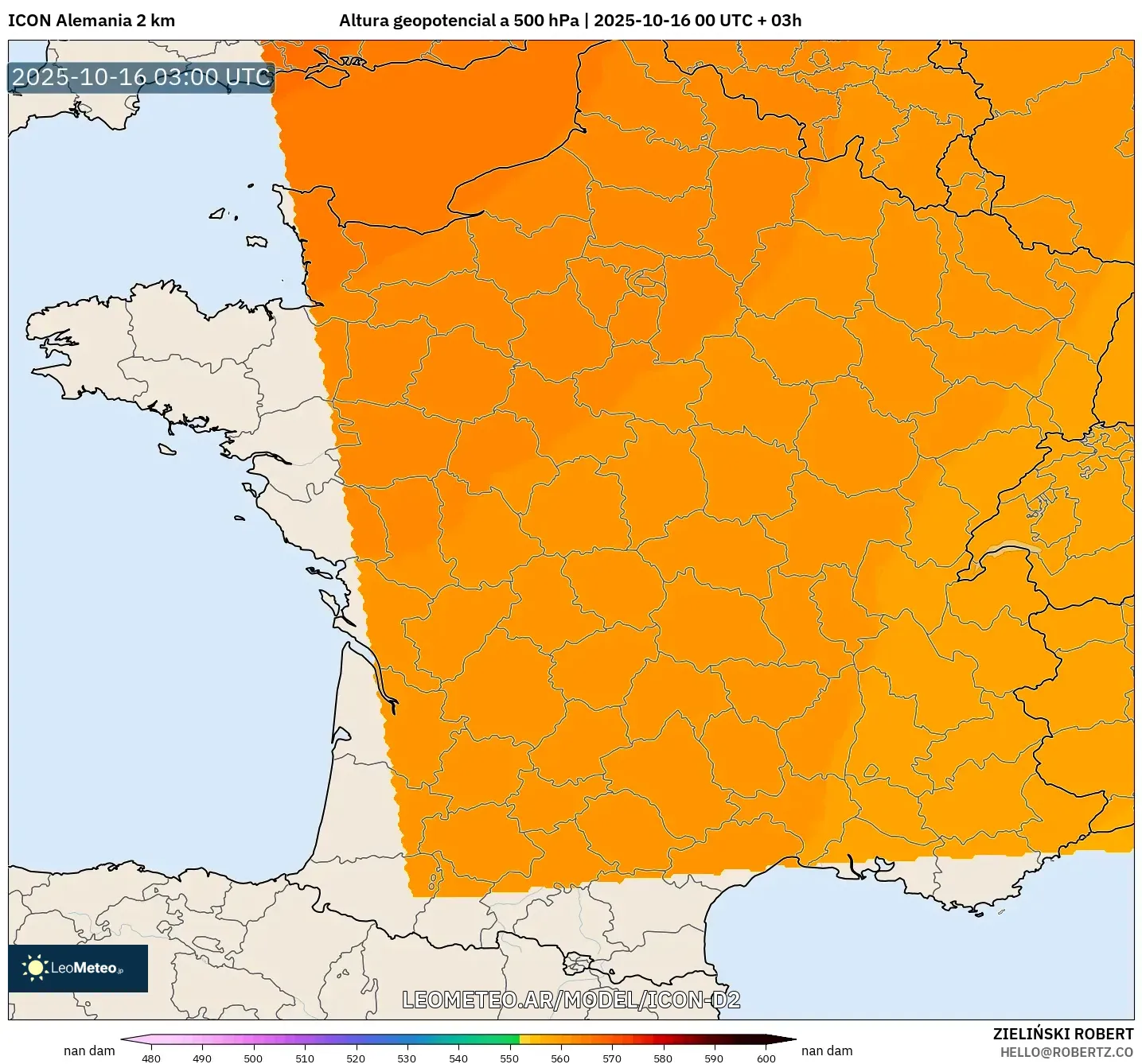 ICON Alemania 2 km model - Francia, Altura geopotencial a 500 hPa ICON Alemania 2 km model - Francia, Altura geopotencial a 500 hPa