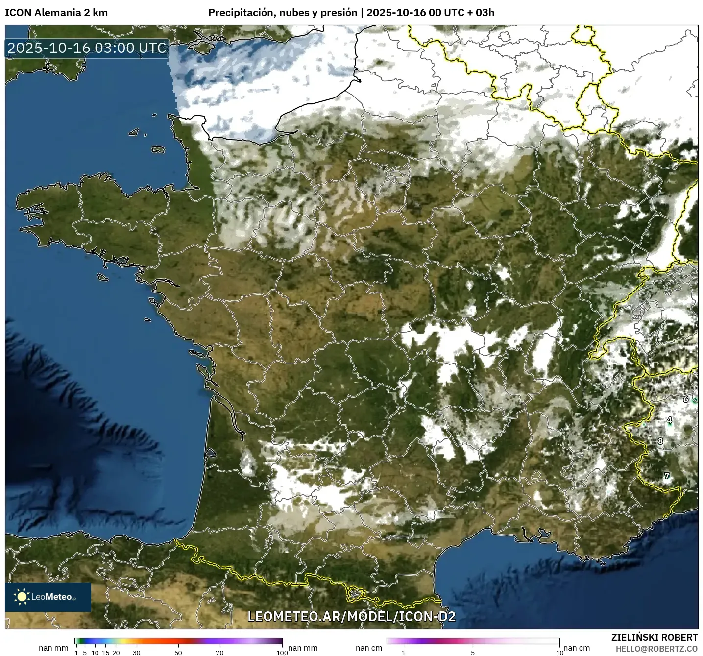 ICON Alemania 2 km model - Francia, Precipitación, nubes y presión ICON Alemania 2 km model - Francia, Precipitación, nubes y presión