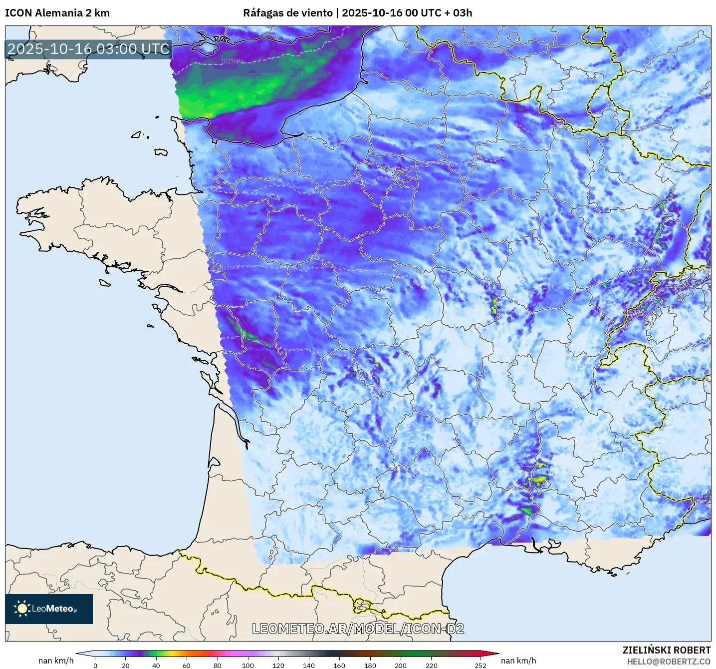 ICON Alemania 2 km model - Francia, Ráfagas de viento ICON Alemania 2 km model - Francia, Ráfagas de viento