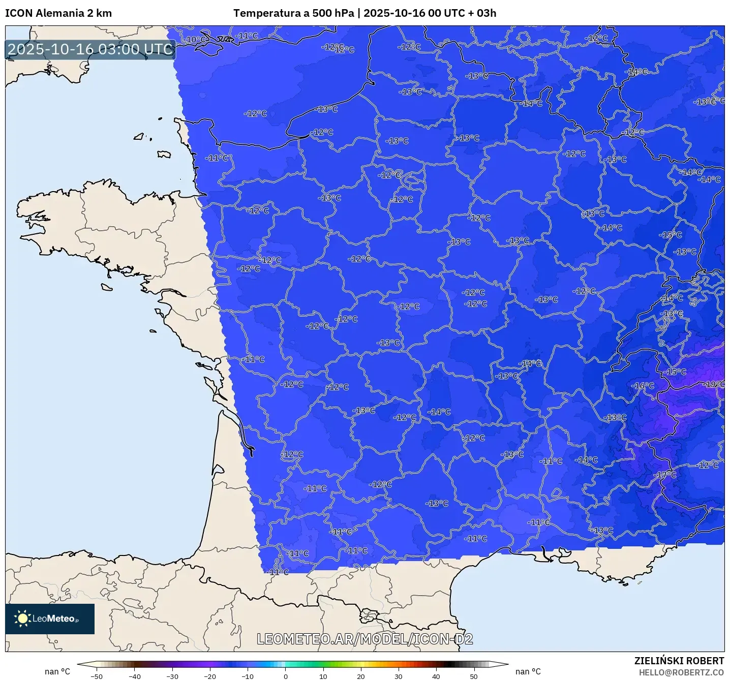 ICON Alemania 2 km model - Francia, Temperatura a 500 hPa ICON Alemania 2 km model - Francia, Temperatura a 500 hPa