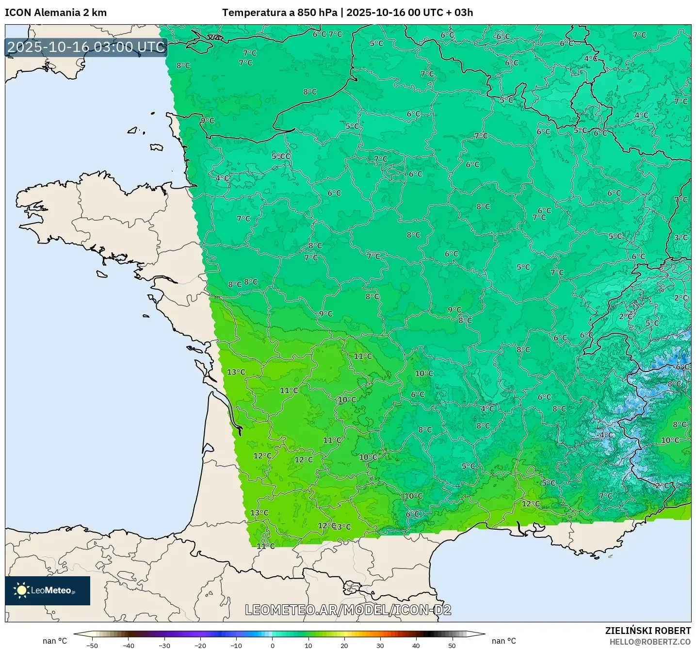 ICON Alemania 2 km model - Francia, Temperatura a 850 hPa ICON Alemania 2 km model - Francia, Temperatura a 850 hPa