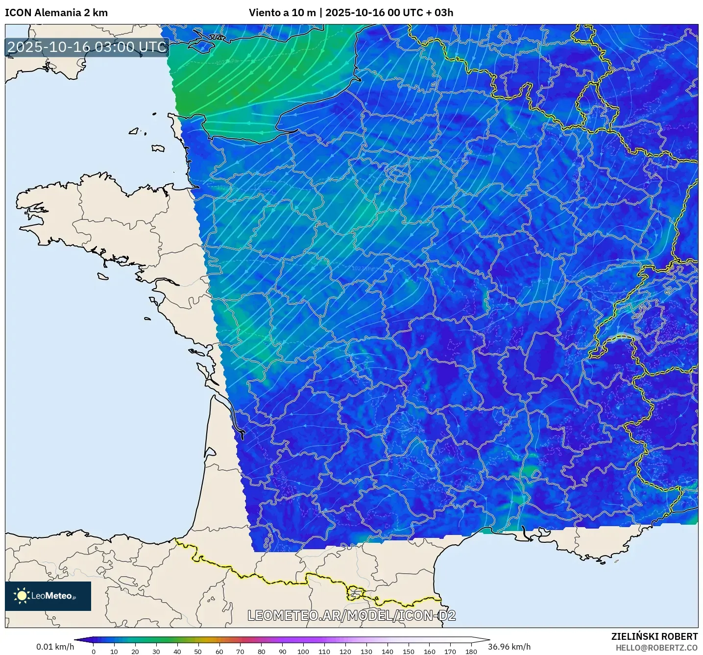 ICON Alemania 2 km model - Francia, Viento a 10 m ICON Alemania 2 km model - Francia, Viento a 10 m