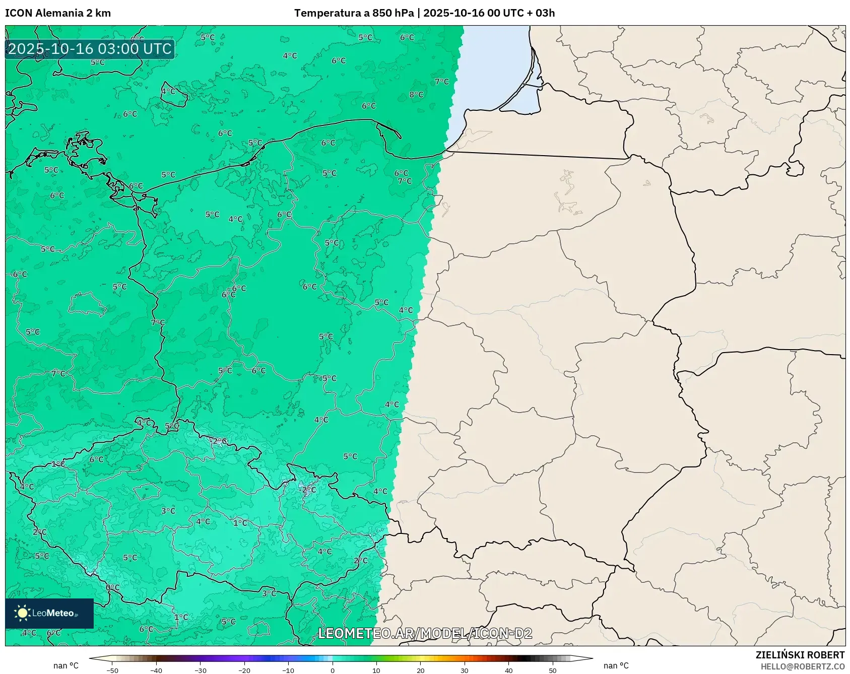 ICON Alemania 2 km model - Polonia, Temperatura a 850 hPa ICON Alemania 2 km model - Polonia, Temperatura a 850 hPa