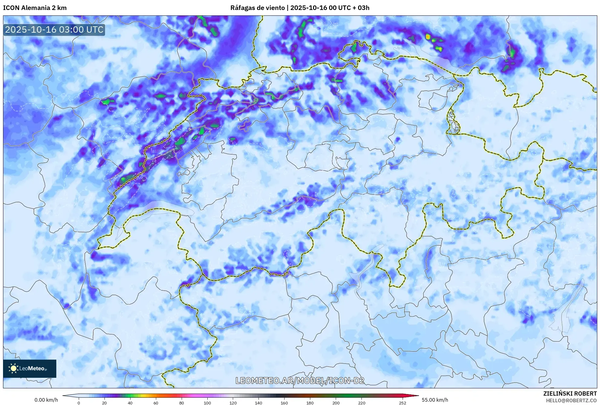 ICON Alemania 2 km model - Suiza, Ráfagas de viento
