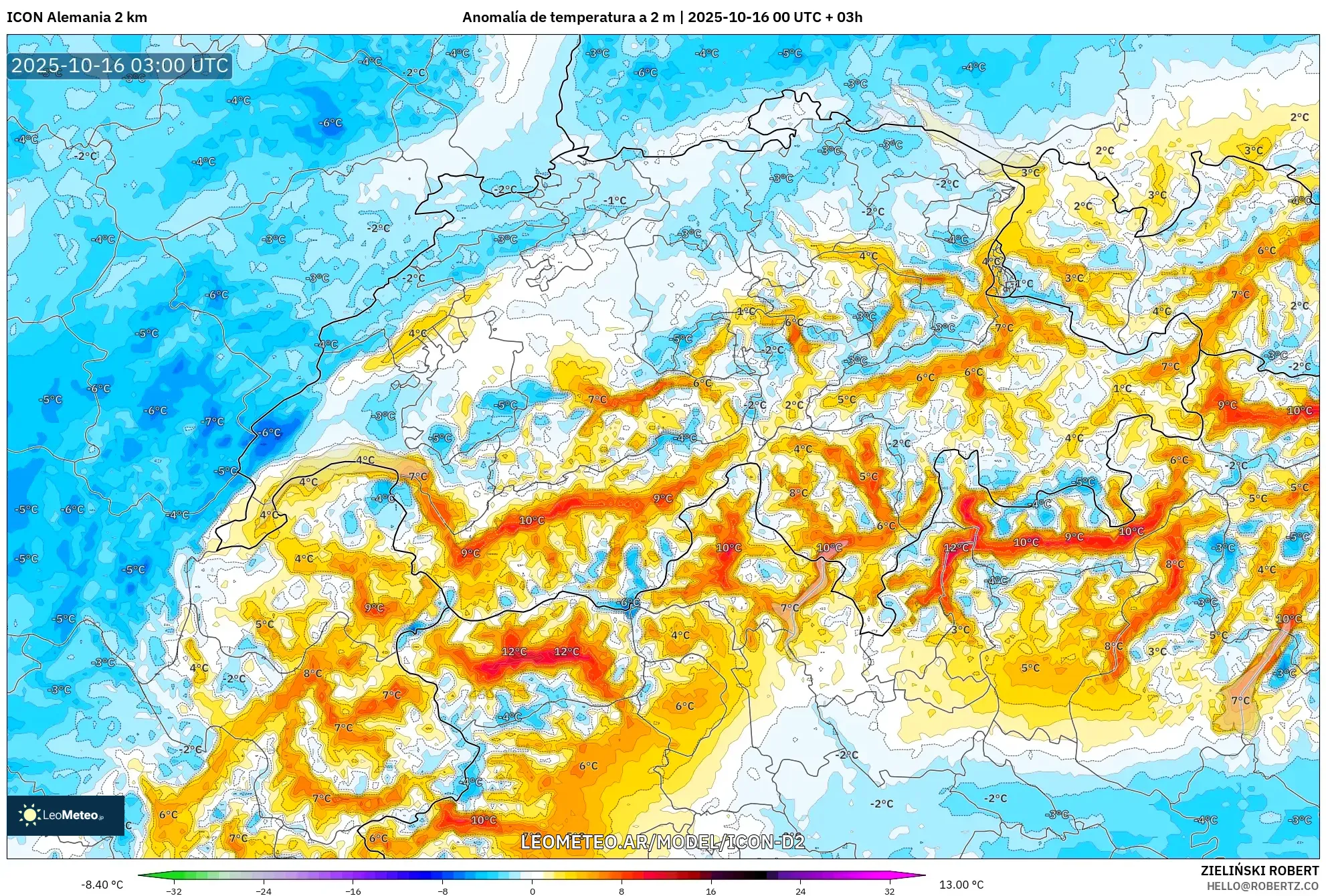 ICON Alemania 2 km model - Suiza, Anomalía de temperatura a 2 m ICON Alemania 2 km model - Suiza, Anomalía de temperatura a 2 m