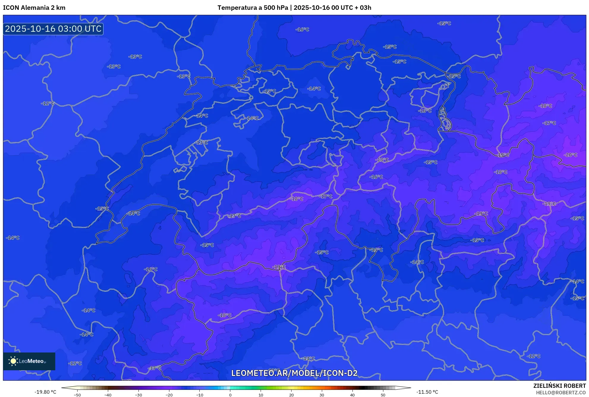 ICON Alemania 2 km model - Suiza, Temperatura a 500 hPa ICON Alemania 2 km model - Suiza, Temperatura a 500 hPa