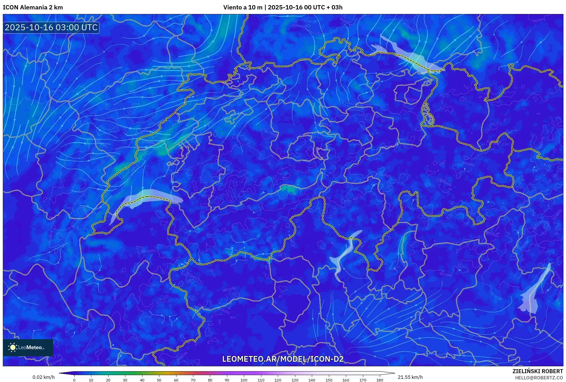 ICON Alemania 2 km model - Suiza, Viento a 10 m ICON Alemania 2 km model - Suiza, Viento a 10 m