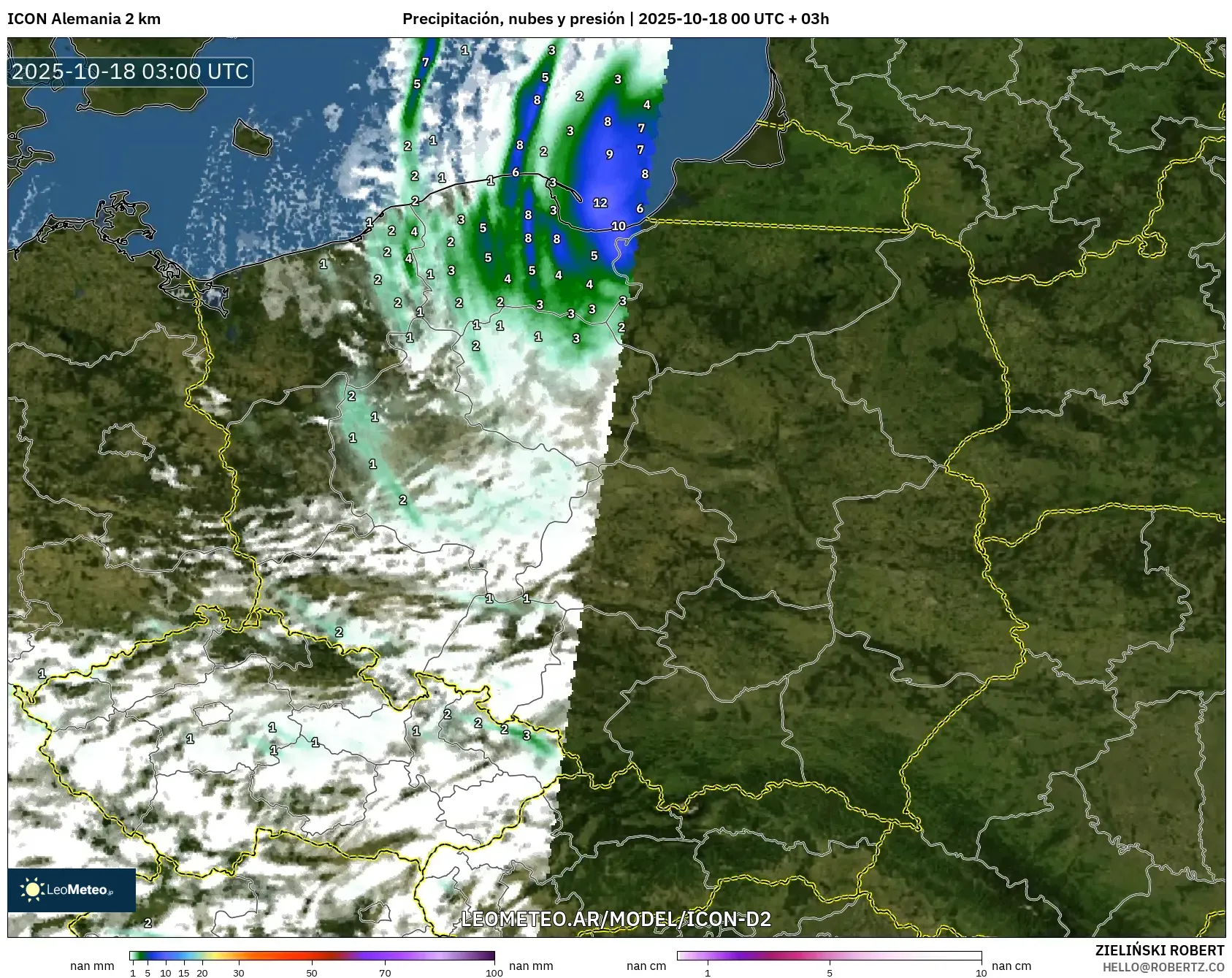 ICON Alemania 2 km model - Polonia, Precipitación, nubes y presión ICON Alemania 2 km model - Polonia, Precipitación, nubes y presión