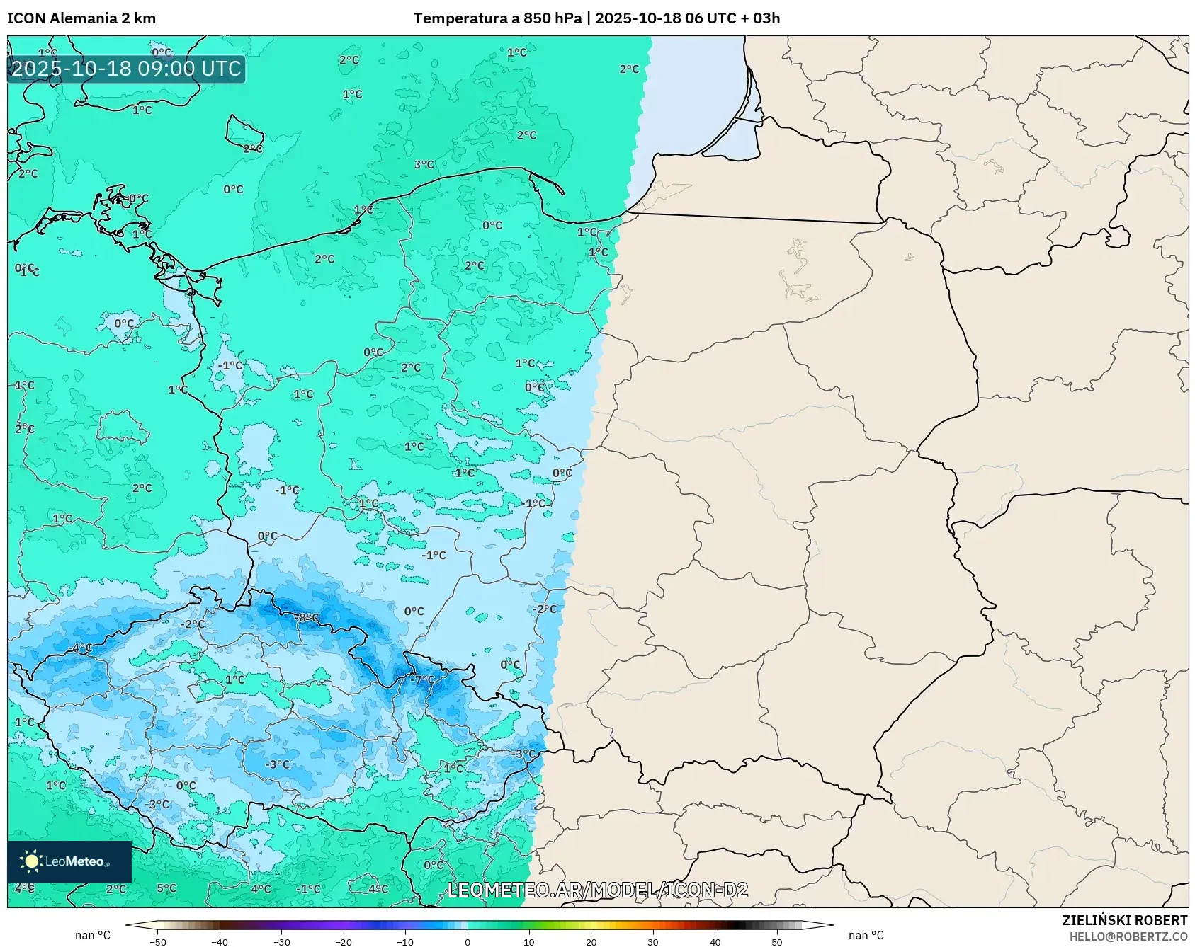 ICON Alemania 2 km model - Polonia, Temperatura a 850 hPa ICON Alemania 2 km model - Polonia, Temperatura a 850 hPa