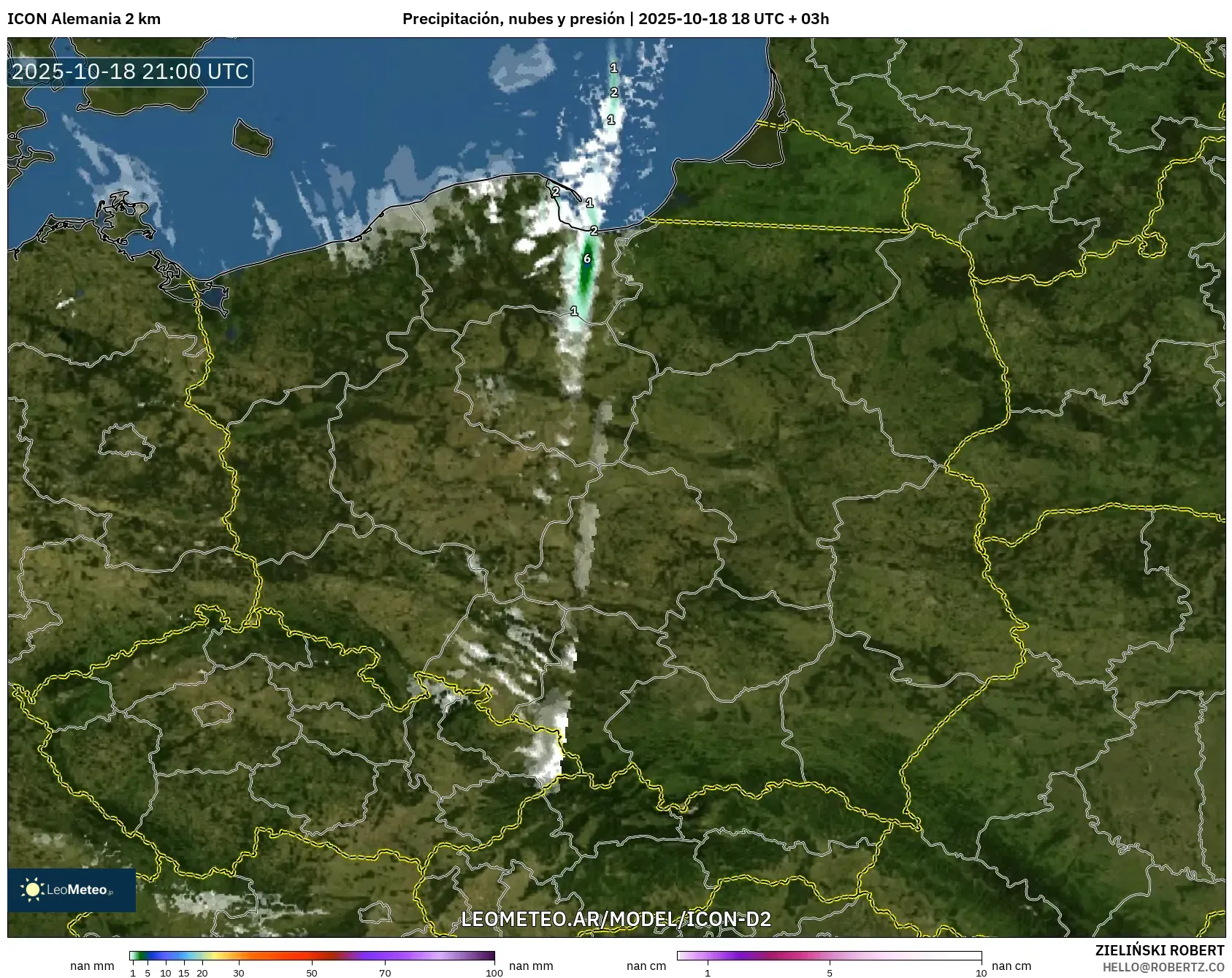 ICON Alemania 2 km model - Polonia, Precipitación, nubes y presión ICON Alemania 2 km model - Polonia, Precipitación, nubes y presión