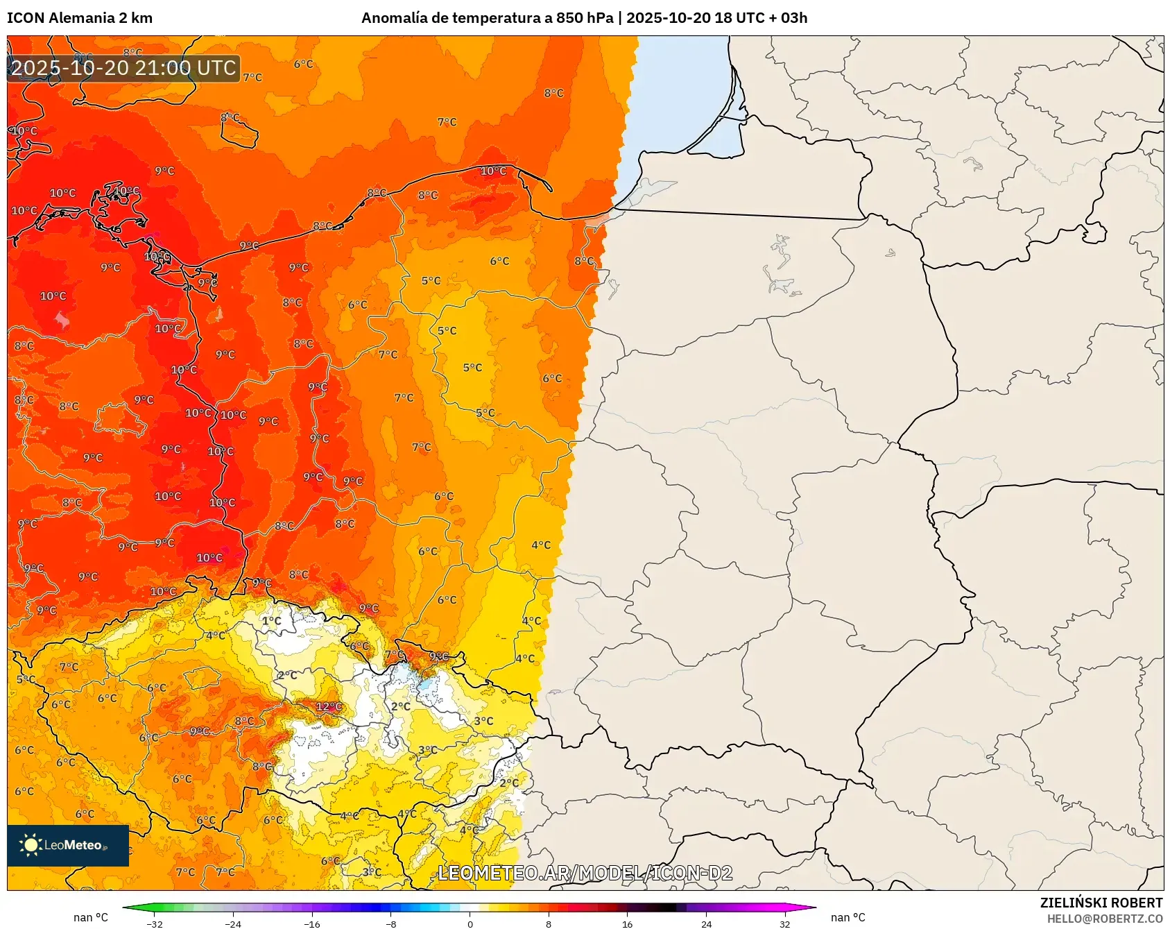 ICON Alemania 2 km model - Polonia, Anomalía de temperatura a 850 hPa ICON Alemania 2 km model - Polonia, Anomalía de temperatura a 850 hPa