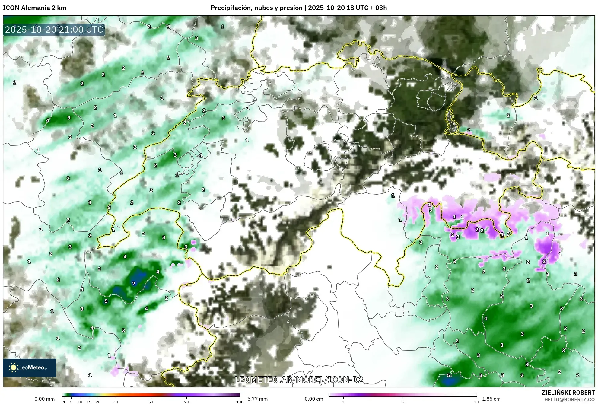 ICON Alemania 2 km model - Suiza, Precipitación, nubes y presión ICON Alemania 2 km model - Suiza, Precipitación, nubes y presión