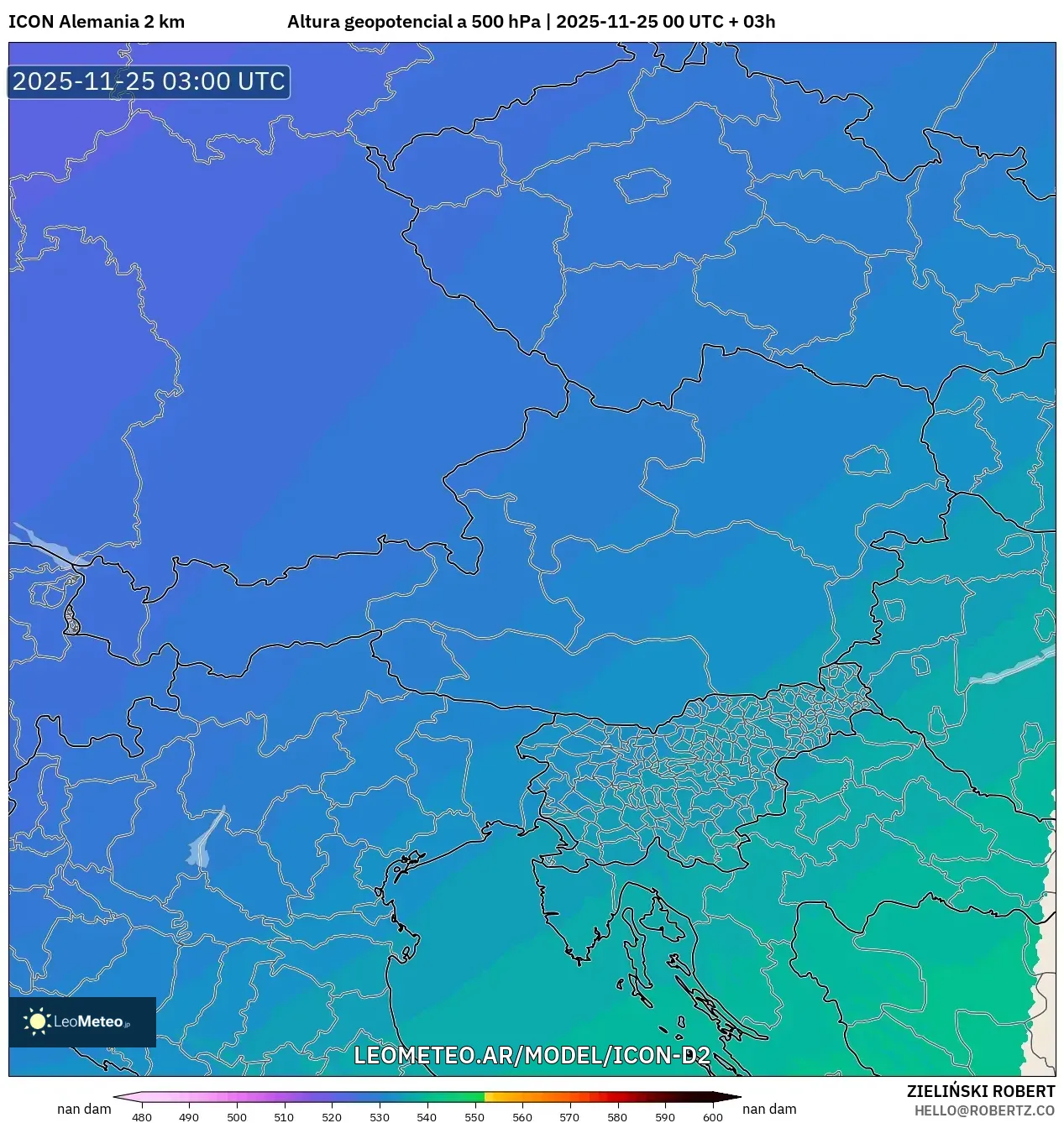 ICON Alemania 2 km model - Austria, Altura geopotencial a 500 hPa