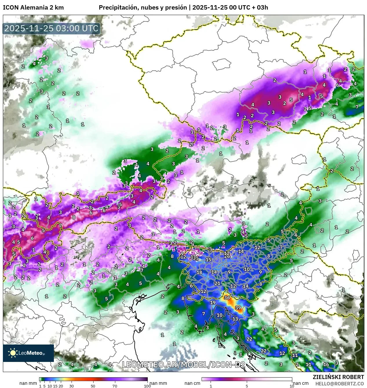 ICON Alemania 2 km model - Austria, Precipitación, nubes y presión