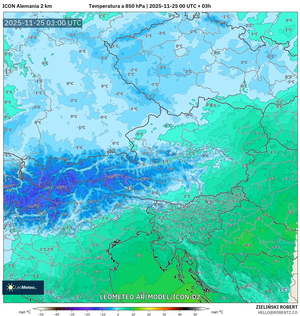 ICON Alemania 2 km model - Austria, Temperatura a 850 hPa