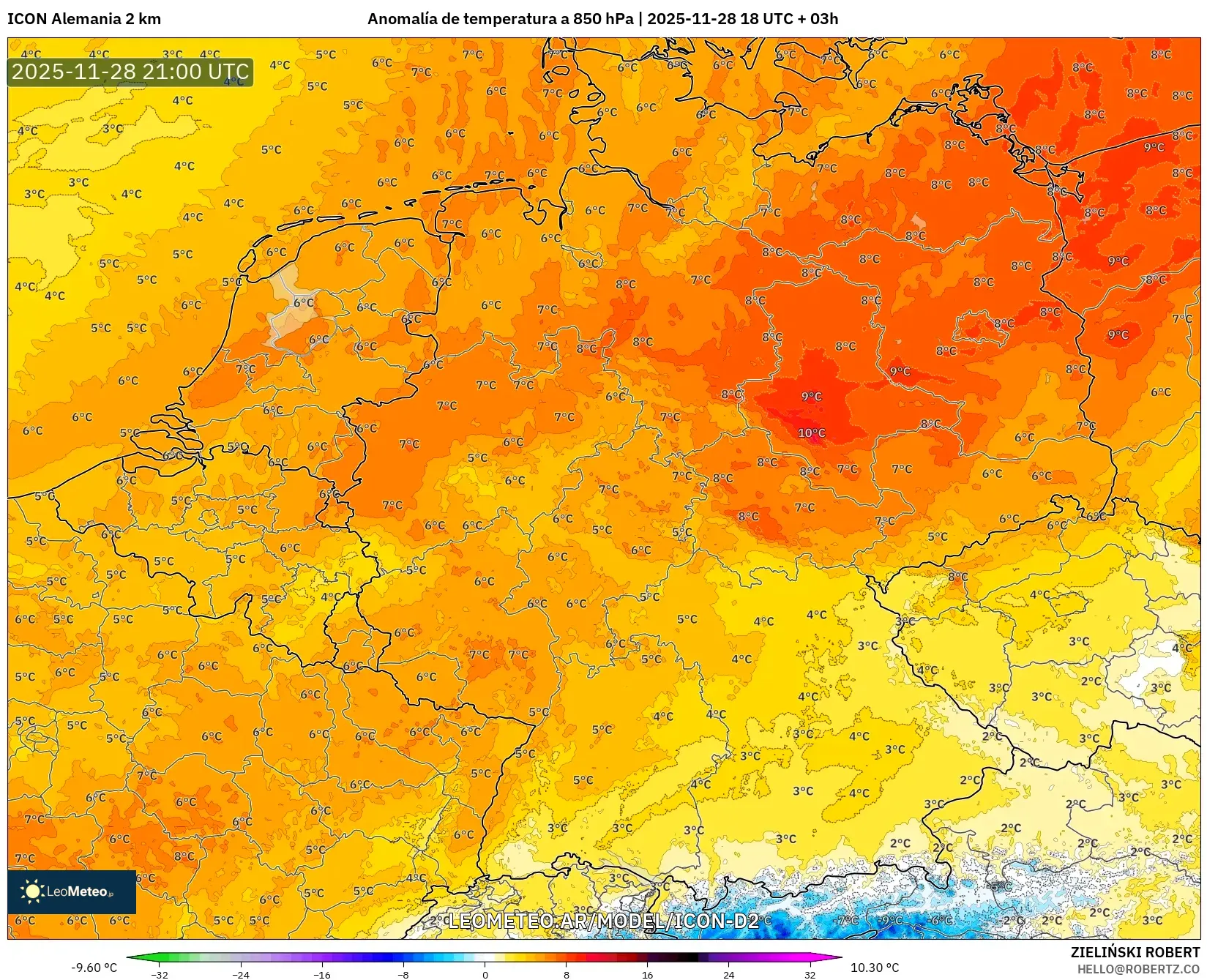 ICON Alemania 2 km model - Alemania, Anomalía de temperatura a 850 hPa