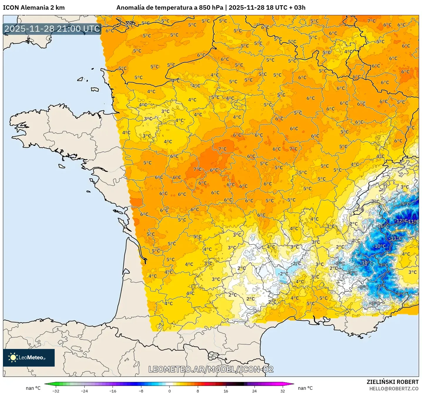 ICON Alemania 2 km model - Francia, Anomalía de temperatura a 850 hPa