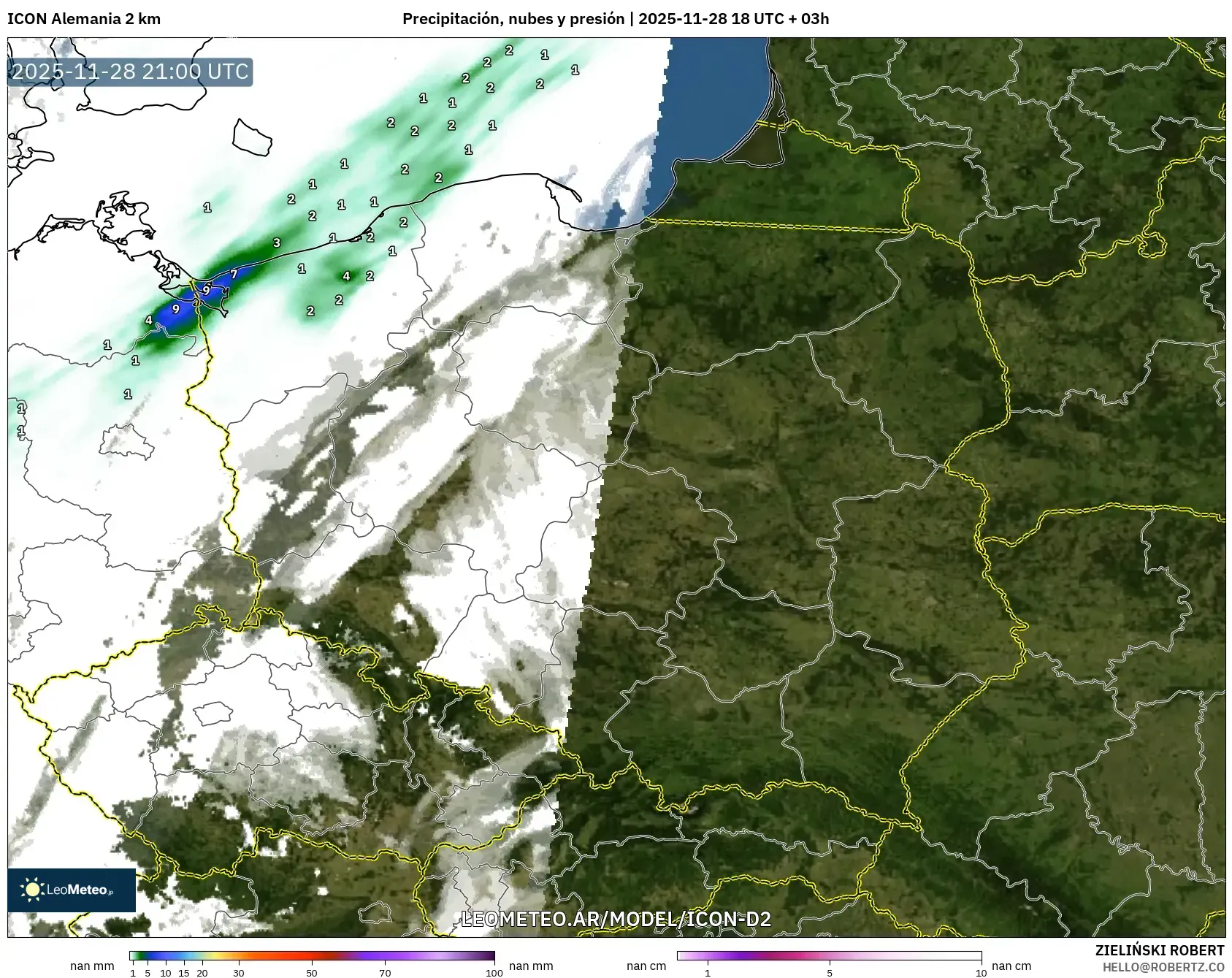 ICON Alemania 2 km model - Polonia, Precipitación, nubes y presión
